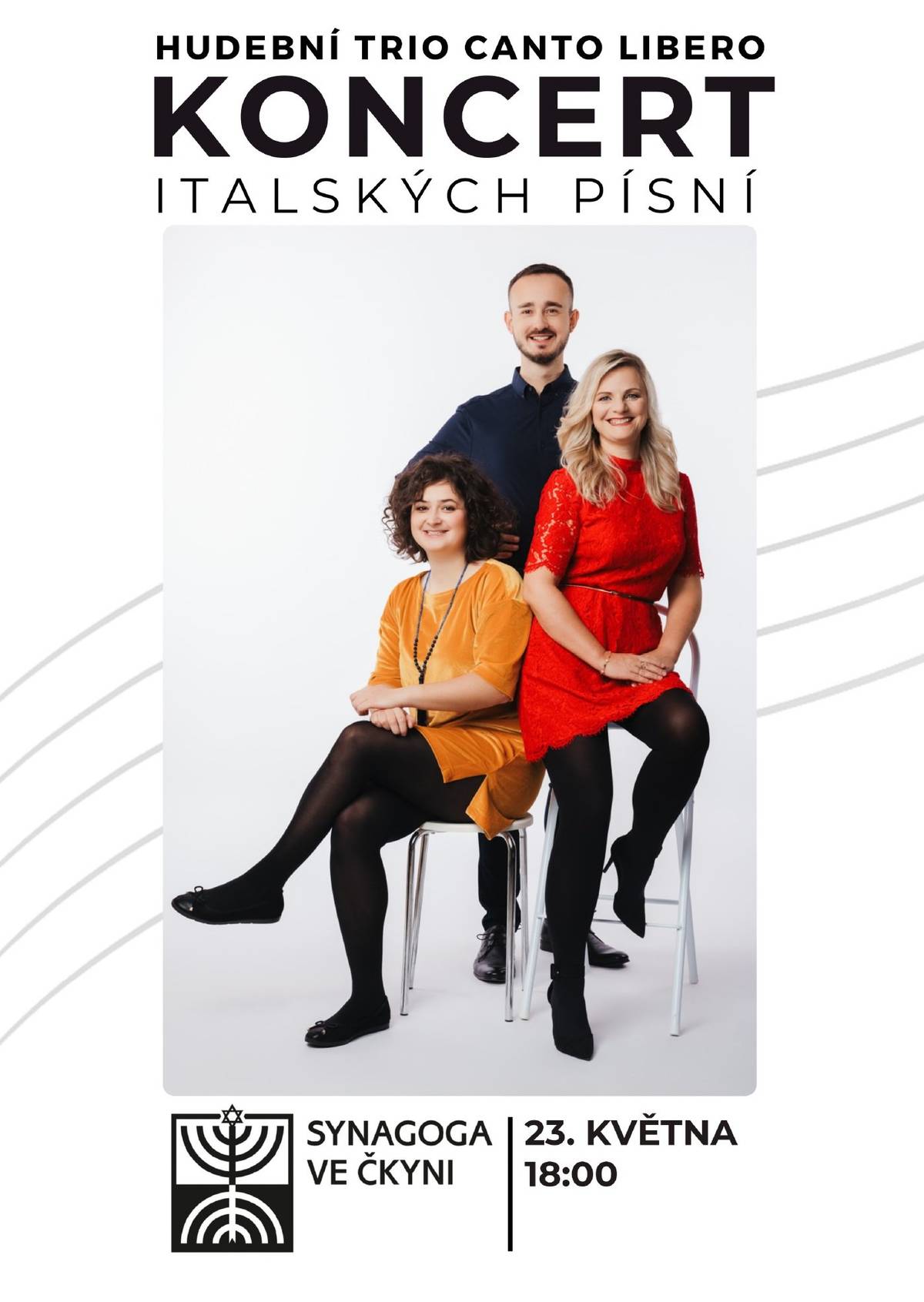 Koncert italských písní v podání hudebního tria Canto Liberto se koná v synagoze ve Čkyni dne 23.05.2026 od 18:00 hodin.