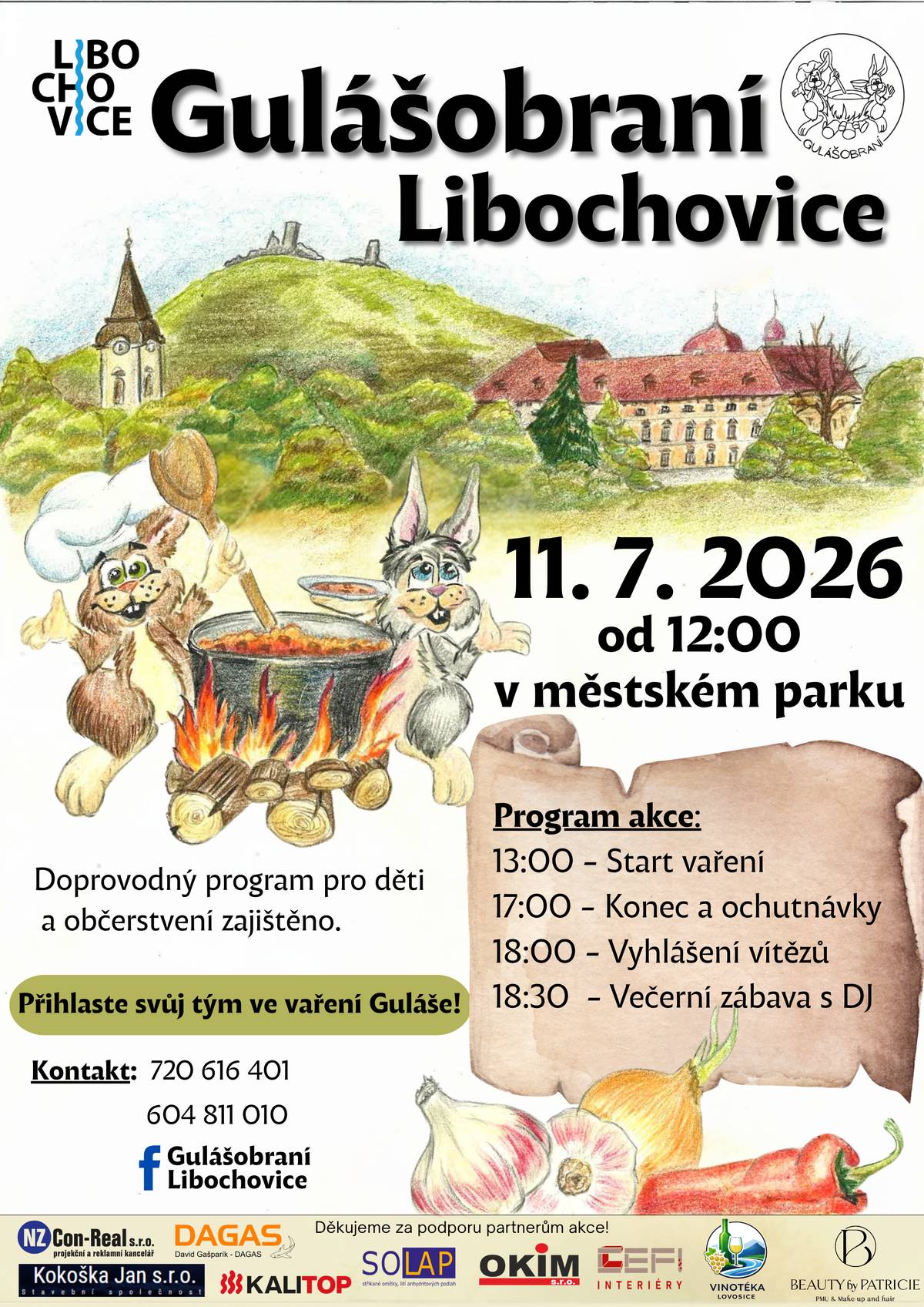 Na letošním ročníku Gulášobraní se můžete těšit na den plný soutěžního vaření gulášů, dobrého jídla, zábavy a pohodové atmosféry v městském parku. 👨👩👧👦 Připraven bude také program pro děti, takže si akci užije celá rodina. 🥘 Zájemci se stále mohou přihlásit do soutěže ve vaření guláše. Stačí dát dohromady tým a ukázat své kuchařské umění. Pro další informace a přihlášky do soutěže sledujte oficiální facebookovou stránku Gulášobraní Libochovice 📅 11. 7. 2026 | 📍 Městský park Libochovice