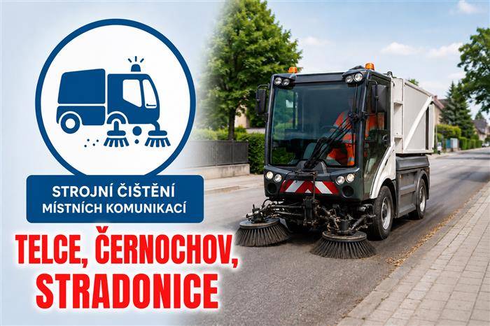 Vážení občané,  v následujících dnech bude v našich místních částech probíhat strojní čištění komunikací:  Telce – pondělí 25. 5. 2026 Černochov a Stradonice – středa 27. 5. 2026  Prosíme občany, aby v uvedených dnech pokud možno omezili parkování svých vozidel na místních komunikacích, a umožnili tak provedení čištění s maximální efektivitou.   Děkujeme za pochopení a spolupráci.