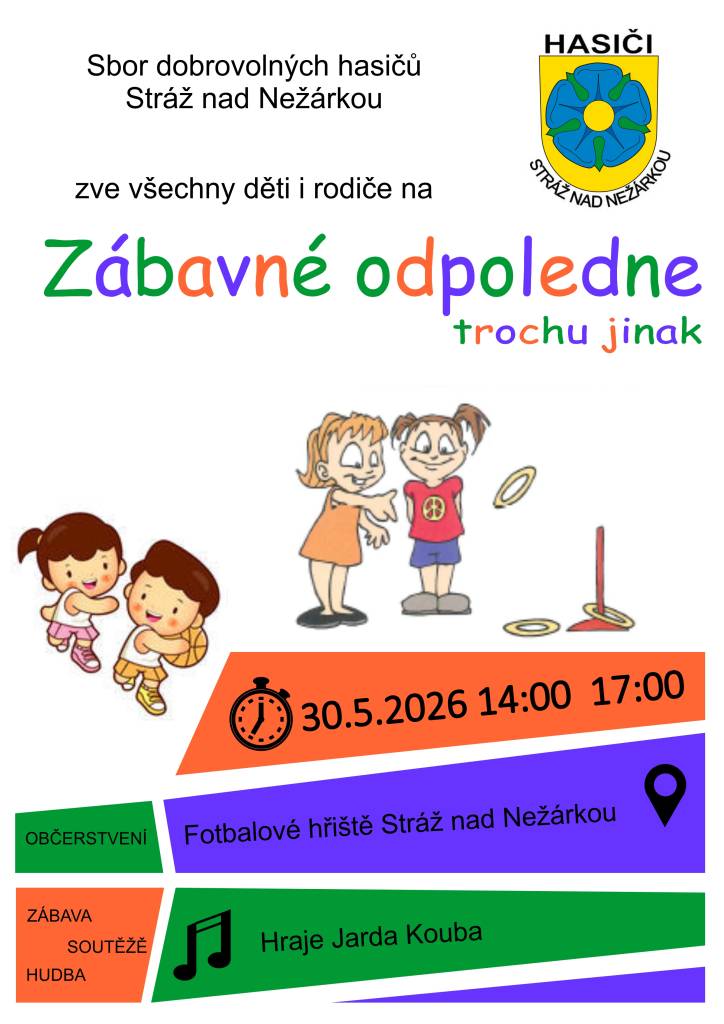 Sbor dobrovolných hasičů ve Stráži nad Nežárkou zve všechny děti a rodiče na zábavné odpoledne plné her a soutěží. Přijďte si užít skvělou atmosféru.