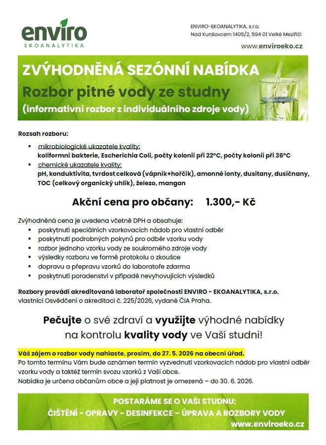 Váš zájem o rozbor vody nahlaste, do 27. 5. 2026 na obecní úřad, podrobnosti v příloze.