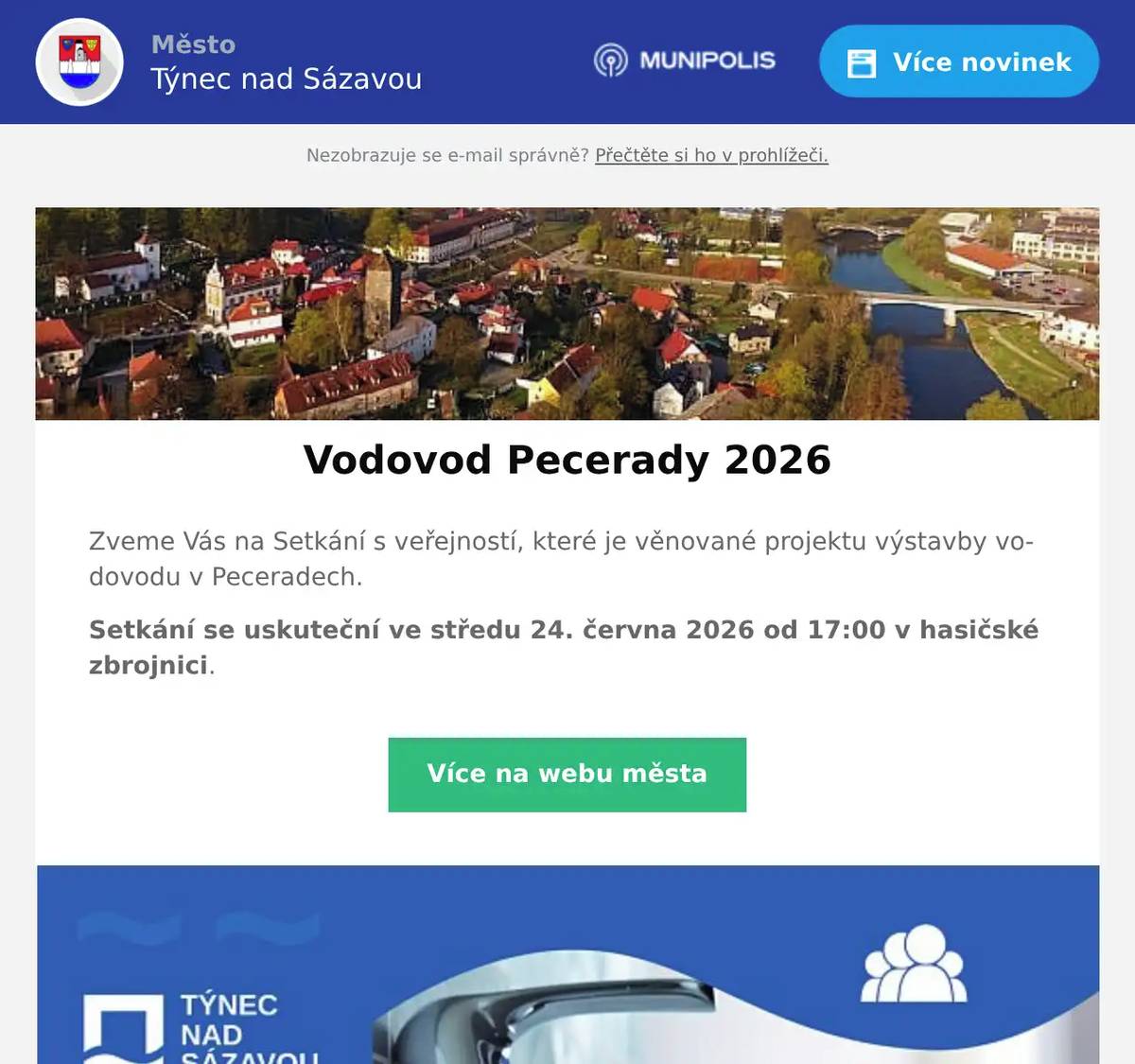 Zveme Vás na Setkání s veřejností, které je věnované projektu výstavby vodovodu v Peceradech. Setkání se uskuteční ve středu 24. června 2026 od 17:00 v hasičské zbrojnici.