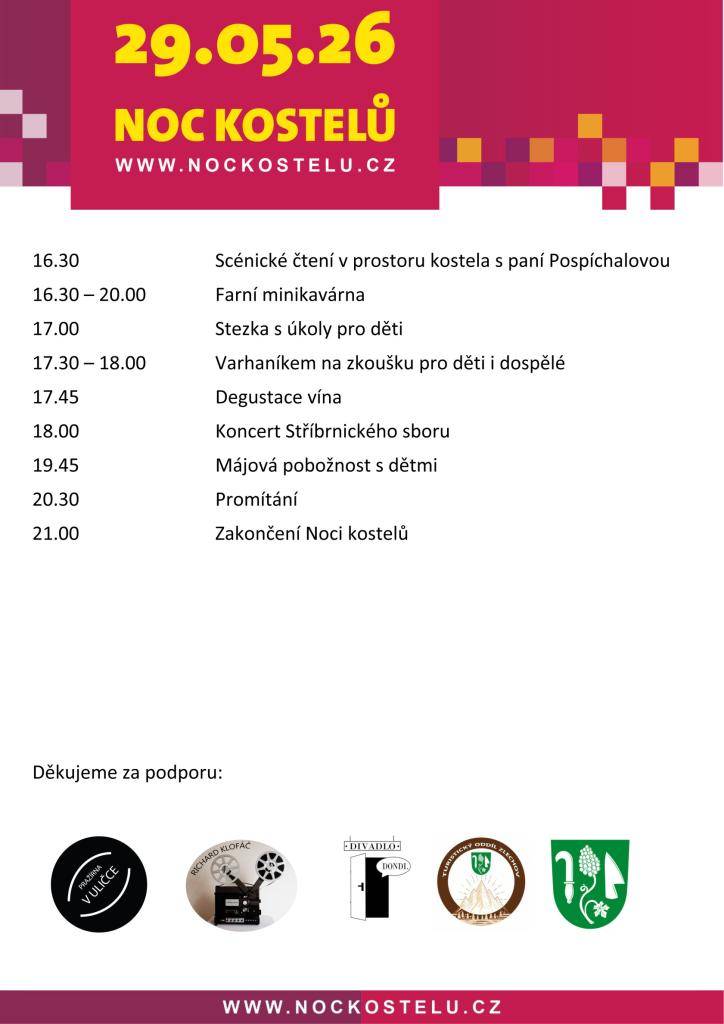 Rádi bychom vás srdečně pozvali na tradiční akci Noc kostelů, která se uskuteční v pátek 29. května 2026. Pro návštěvníky všech věkových kategorií je připraven bohatý duchovní i doprovodný program.