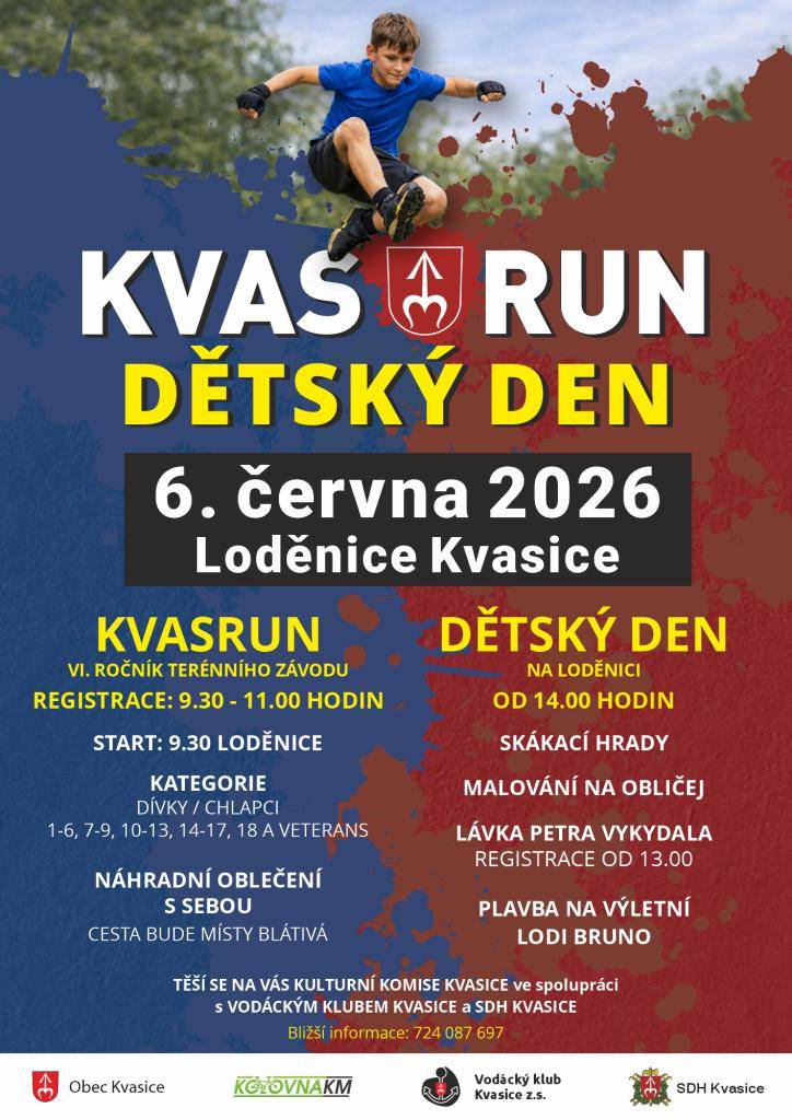 Kulturní komise při OÚ Kvasice zve na další ročník závodu pro děti i dospělé KVASRUN. Start v 9:30 na loděnici. Ve 14:30 pak začíná Dětský den.