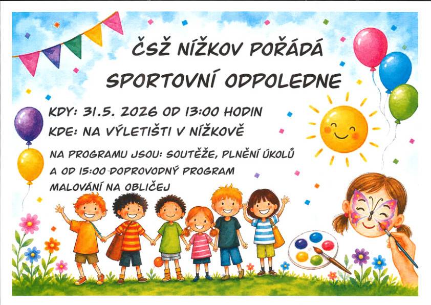Český svaz žen Nížkov pořádá sportovní odpoledne, které se koná 31. května 2026 na výletišti v Nížkově od 13 hodin. Program zahrnuje soutěže, plnění úkolů a doprovodný program s malováním na obličej.