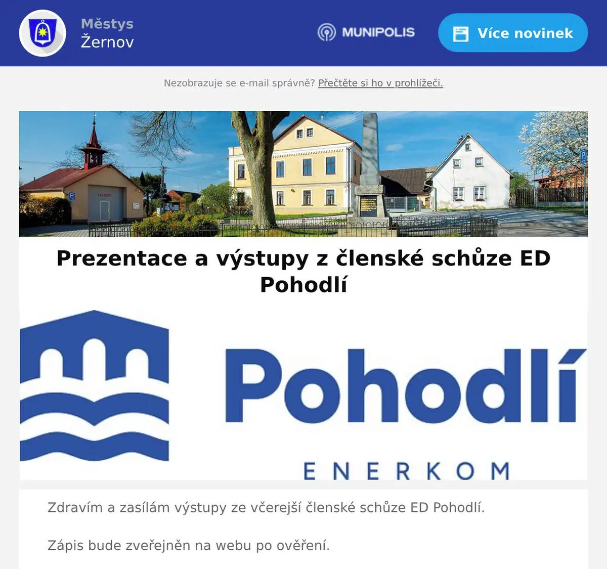 Zdravím a zasílám výstupy ze včerejší členské schůze ED Pohodlí. Zápis bude zveřejněn na webu po ověření. Do prezentace je Ing. Hůlkou doplněna varianta s  bateriovým úložištěm, kde je vidět, že návratnost takového řešení je přes 20 let, přičemž životnost baterie bude 10 - 15 let,takže to není cesta, dokud budou baterky stát to, co stojí.   Pro Žernováky: Cena na rok 2026 je stanovena na 1 600 Kč MW/H. Členy přijímáme, není na co čekat.Když svítí slunce, spoříte!Pěkné dny.  Libor Mojžíš