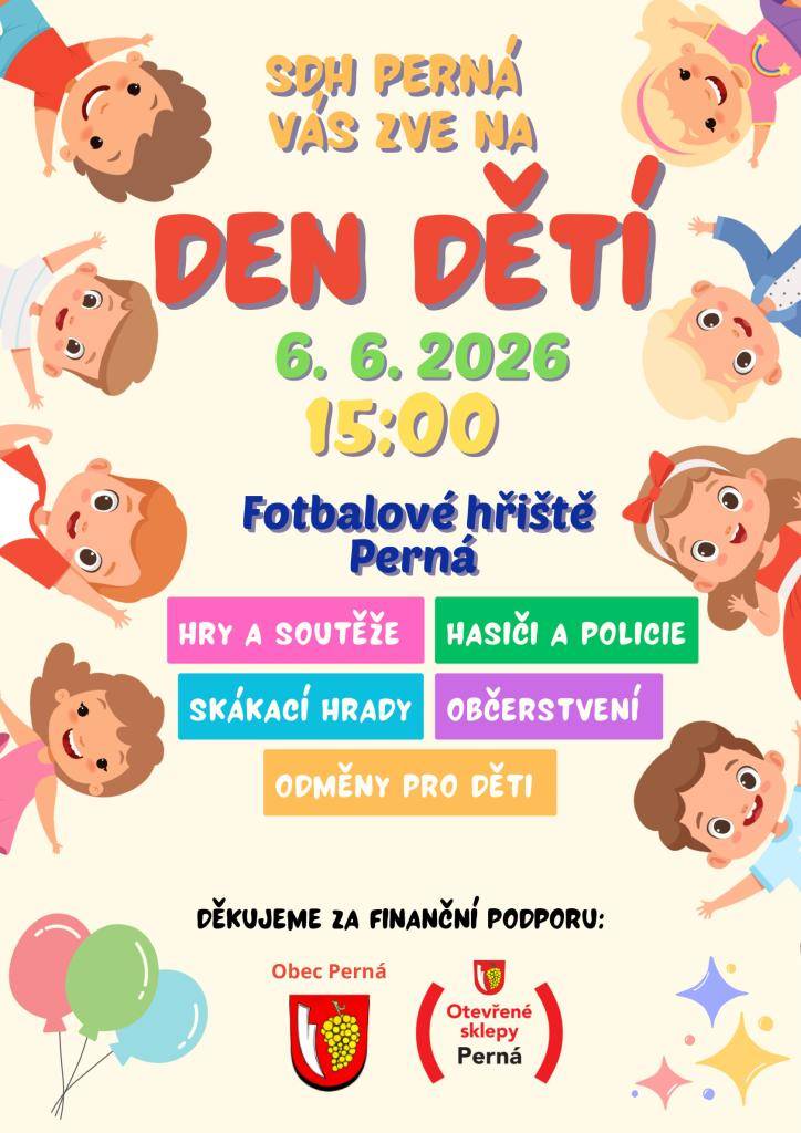 SDH zve všechny děti i rodiče na DEN DĚTÍ, který se bude konat 6.6.2026 od 15:00 hod na fotbalovém hřišti.