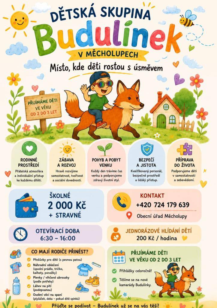 Dětská skupina Budulínek v Měcholupech přijímá děti ve věku od 2 do 3 let.