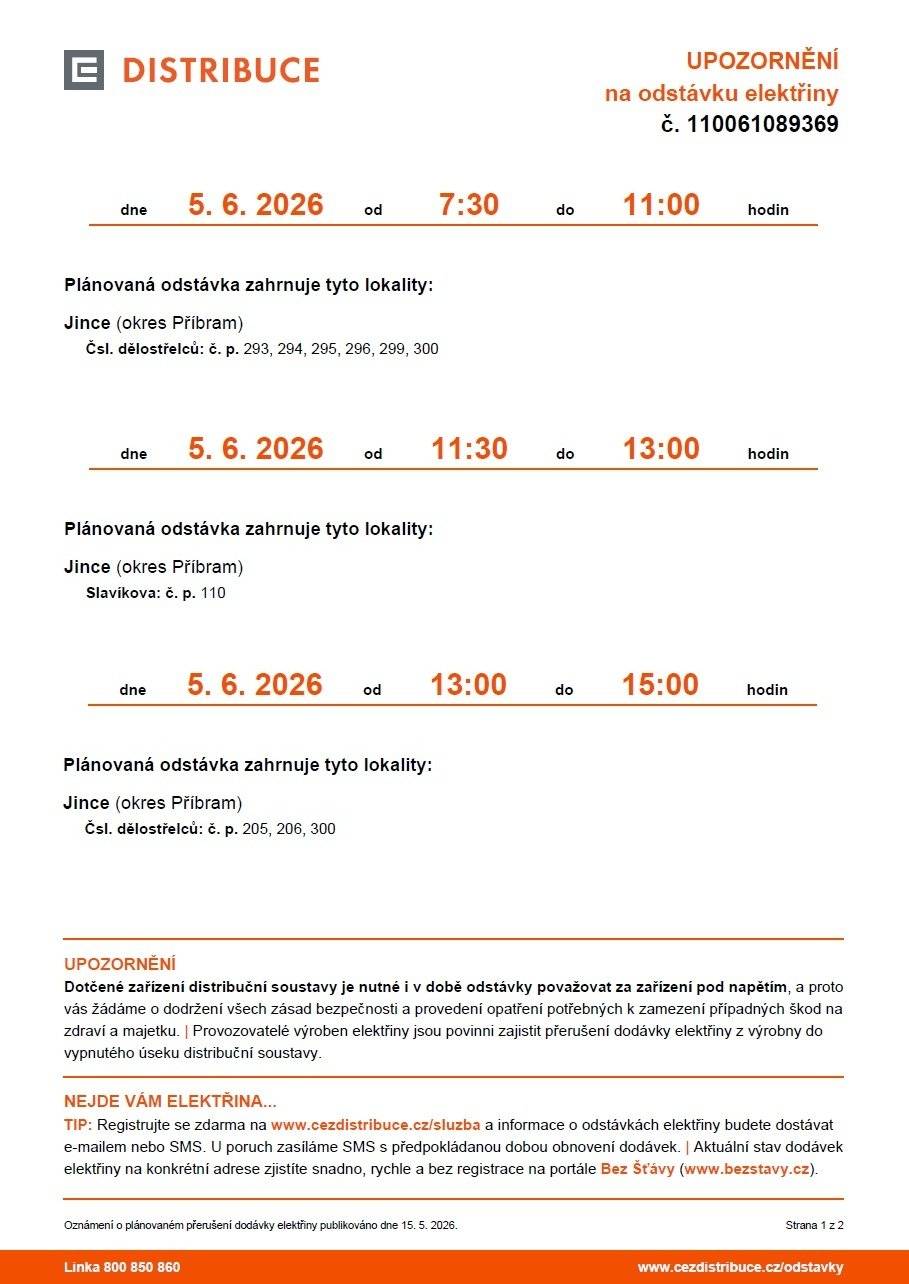 Dne 5. 6. 2026 budou probíhat odstávky elektřiny v Jincích v ulicích Slavíkova a Čsl. dělostřelců.