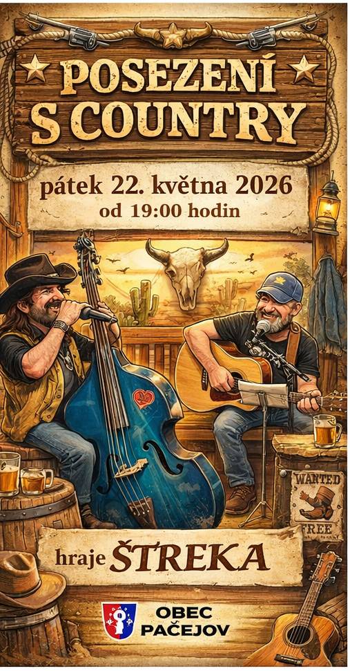 Srdečně zveme dnes večer v 19:00 na posezení s country v předsálí KD. Hraje Štreka.
