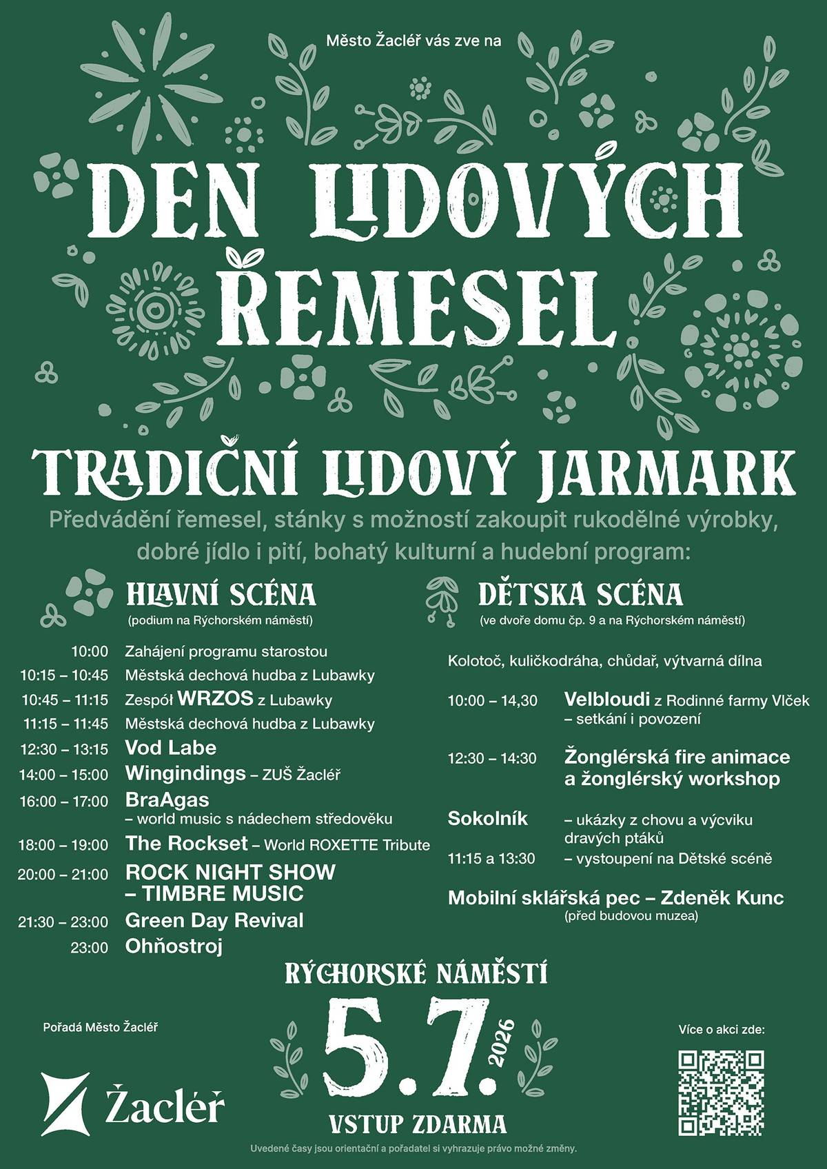 ROGRAM DNE LIDOVÝCH ŘEMESEL 2026 je tu Revivalově laděné kapely na hlavní scéně a POZOR změna - Dětská scéna bude tento rok za domem čp. 9 z důvodu probíhající rekonstrukce suterénu budovy pošty a muzea