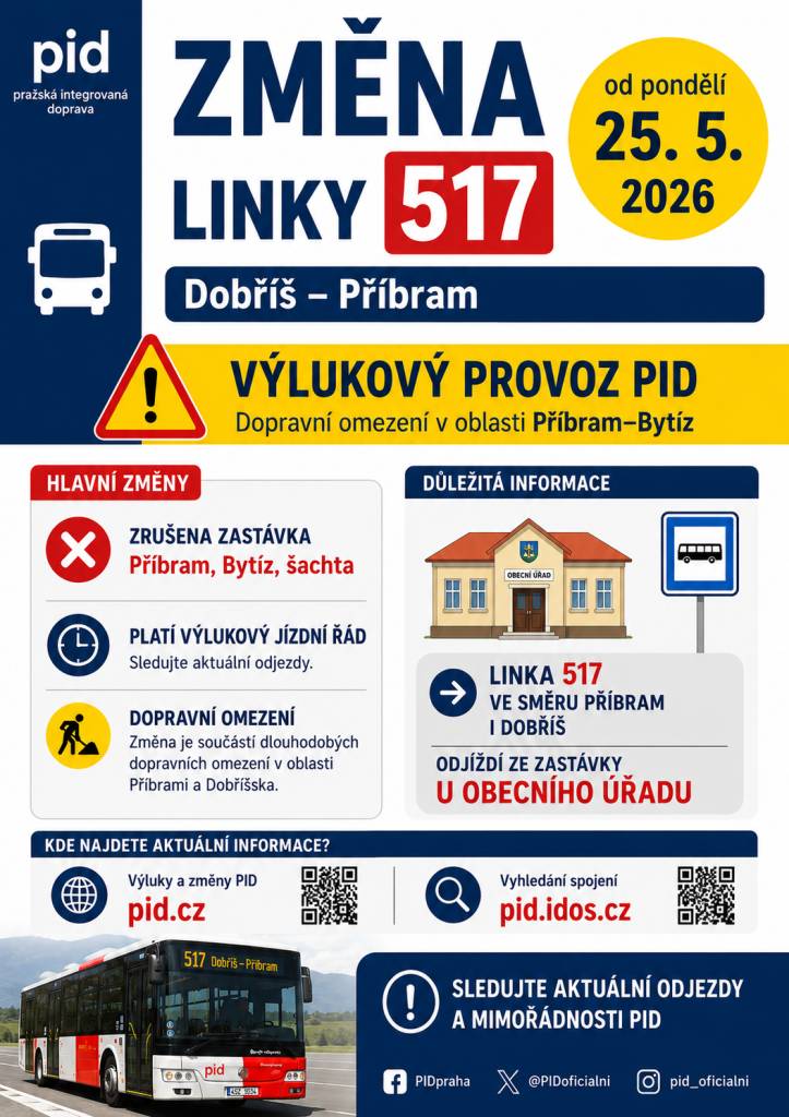 Od 25. května 2026 bude na lince PID 517 směr Příbram a směr Dobříš omezen provoz linek PID.