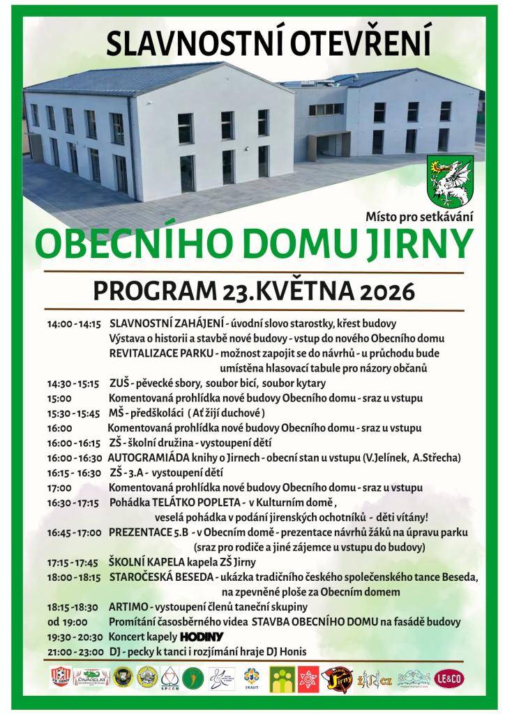 Obec Jirny srdečně zve všechny občany i návštěvníky na slavnostní otevření nového Obecního domu Jirny.