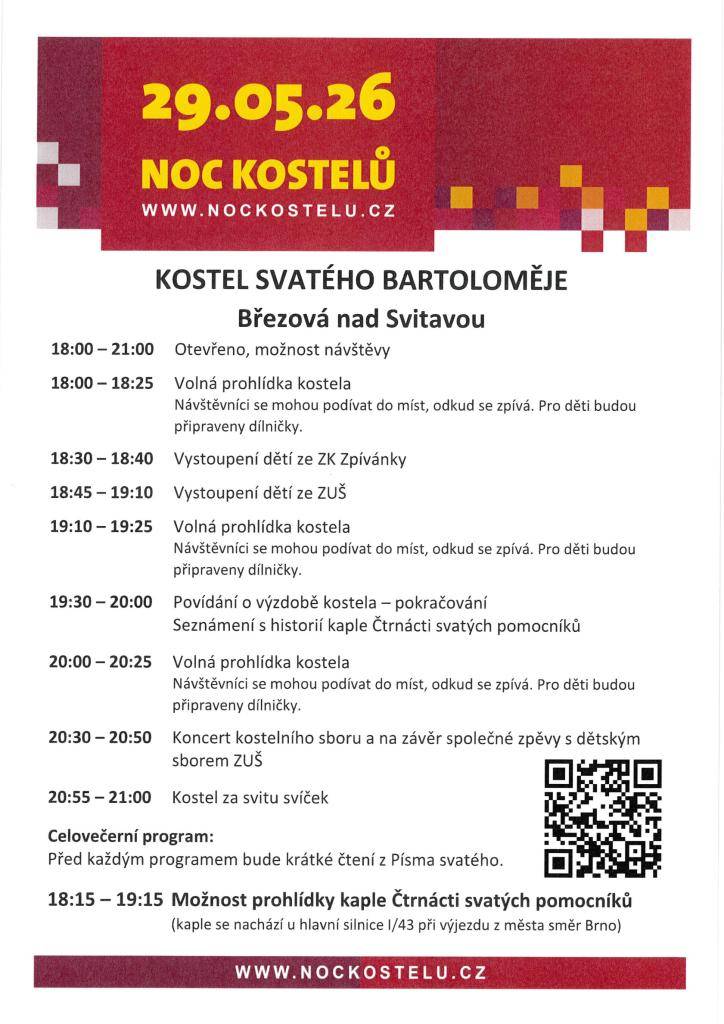 Kostel svatého Bartoloměje v Březové nad Svitavou se otevře v rámci celorepublikové akce Noc kostelů a zve návštěvníky na večerní prohlídku kostela a pestrý celovečerní program. Podrobné informace najdete na přiloženém plakátu.