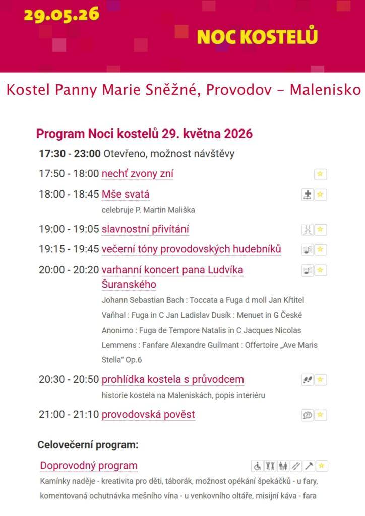 další ročník tradiční akce, kdy se večer otevírají kostely k návštěvě, otevřen bude i kostel na Maleniskác