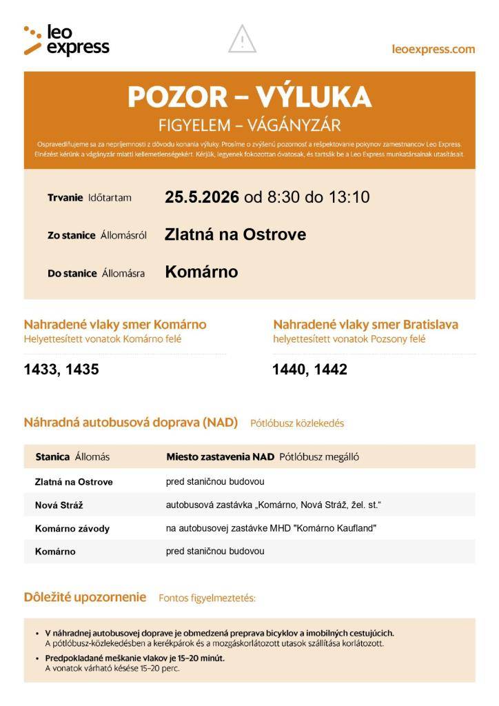 25.05.2026 od 08:30 do 13:10  Zlatná na Ostrove - Komárno