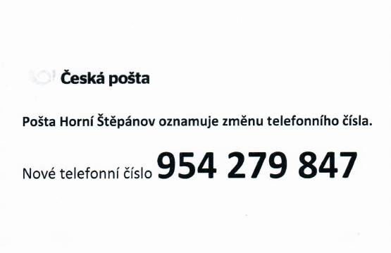 Pošta Horní Štěpánov oznamuje změnu telefonního čísla: tel. 954 279 847.