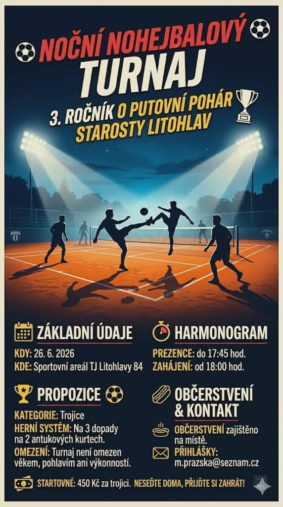Turnaj trojic se koná 26. června 2026 ve Sportovním areálu TJ Litohlavy. Prezentace účastníků probíhá do 17:45, zahájení turnaje v 18:00. Občerstvení zajištěno.