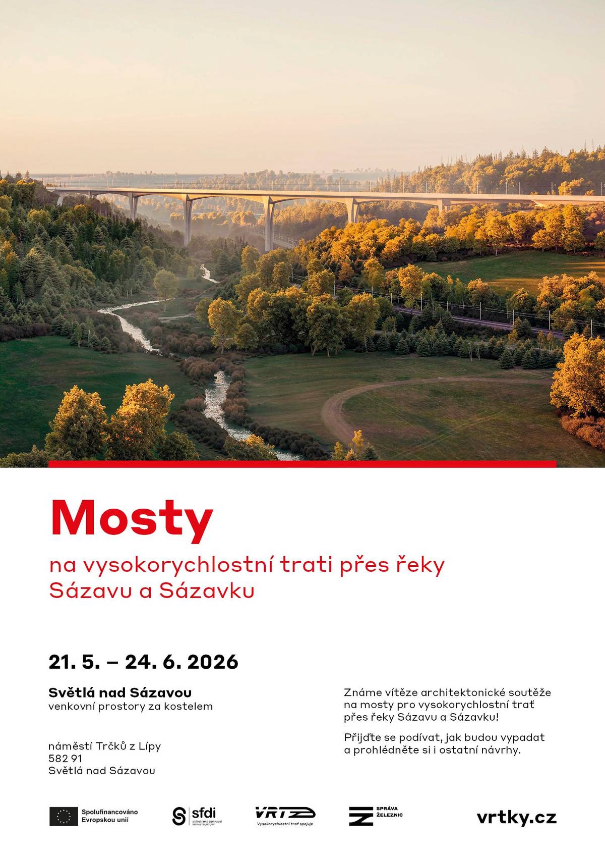 Zveme vás do Světlé nad Sázavou na výstavu vítězných návrhů mostů přes Sázavu a Sázavku. Výsledky architektonické soutěže přijedou představit zástupci týmu VRT ze Správy železnic i samotní architekti. Jakkoli se nám to může v Dolním Městě zdát vzdálené a nedůležité, vězte, že práce na přípravě vysokorychlostní trati (VRT) i nadále běží a týkají se našeho blízkého okolí a katastrů.