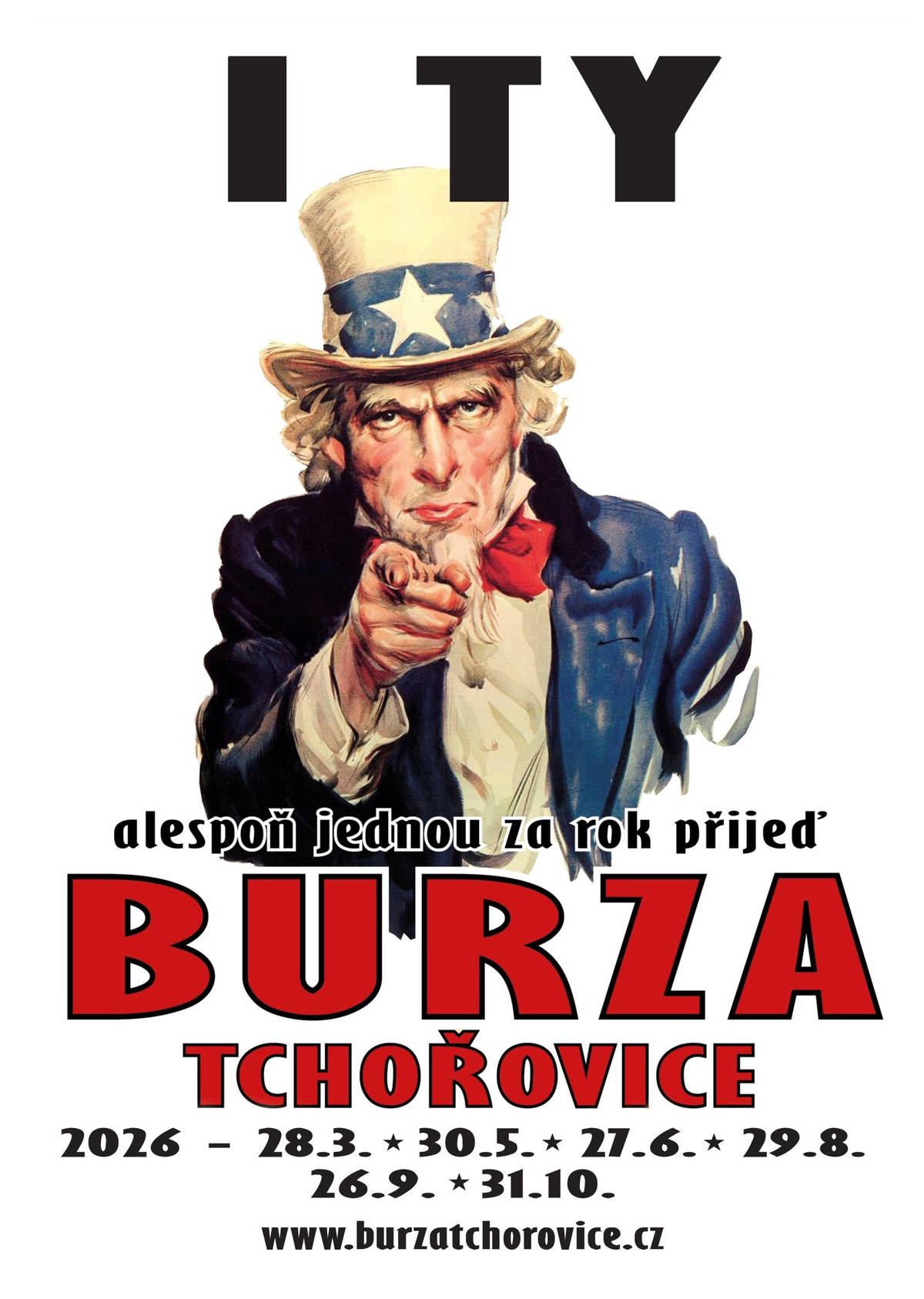 Přátelé BURZY TCHOŘOVICE, dovolujeme si Vás pozvat na první letošní tchořovickou burzu, která se koná v sobotu 30.5.2026. Dejte to vědět všem svým známým! Děkujeme! Auto moto antik & sběratelská BURZA TCHOŘOVICE U BLATNÉ. Všeobecná burza pořádaná na letišti Tchořovice u Blatné. Zpevněná prodejní plocha o rozloze 300.000m2 cca. 85km jižně od Prahy. Termíny 2026:  30.5., 27.6., 29.8., 26.9. a 31.10 Prodejci mohou přijet již. v pátek a kdykoli během noci z pátku na sobotu! Vstup pro návštěvníky je od 7:00 dříve nebudou vpuštěni! Od návštěvníků kteří přijedou před 7:00 vybíráno jako od prodejců a to 200kč. Přijďte prodat, co vám doma přebývá, nebo koupit co ještě nemáte. Zváni jsou též numismatici, filatelisté, sběratelé odznaků, pohlednic a jiní... Občerstvení a toalety zajištěny. Srdečně zvou pořadatelé! Více na: www.burzatchorovice.cz> <www.burzatchorovice.cz> tel.602 132 238 burzatchorovice@centrum.cz Sdílejte nás facebooku: https://www.facebook.com/Burza.letiste.Tchorovice/> ČESTICKÝ MED zakoupíte u vchodu na burzu u karavanu s nápisem BURZA TCHOŘOVICE. Máme tmavý lesní, lipový, pastový, vícedruhový a akátový. Taktéž u karavanu zakoupíte stříbrnou "americkou" pásku WÜRTH za akční cenu 1ks-120kč a 3ks 300kč. Prodejci i návštěvníci, obracím se na Vás s naléhavou prosbou. Burza se nám za těch 15 let pěkně rozjela. Bohužel se nám tu ale rozmohl takový nešvar. Prosím všechny prodejce, aby po sobě zanechávali prodejní místo uklizené. Veškeré odpadky a neprodané zboží si odvezte a vyhoďte doma. To co se nasbírá na ploše po burze již překročilo únosnou mez. Návštěvníky žádám, aby odpadky vyhodili do pytlů u občerstvení. Pokud nedojde ke zlepšení, budu nucen promítnout úklid do poplatku za prodejní místo a do vstupného. A ještě bych chtěl poprosit návštěvníky, parkujte pouze na místech které Vám organizátoři určí! Parkujte pouze na ranvejích. Parkovné se u nás neplatí a tak neušetříte. Děkuji za pozornost. Konec hlášení. Honza Jakeš BURZA TCHOŘOVICE
