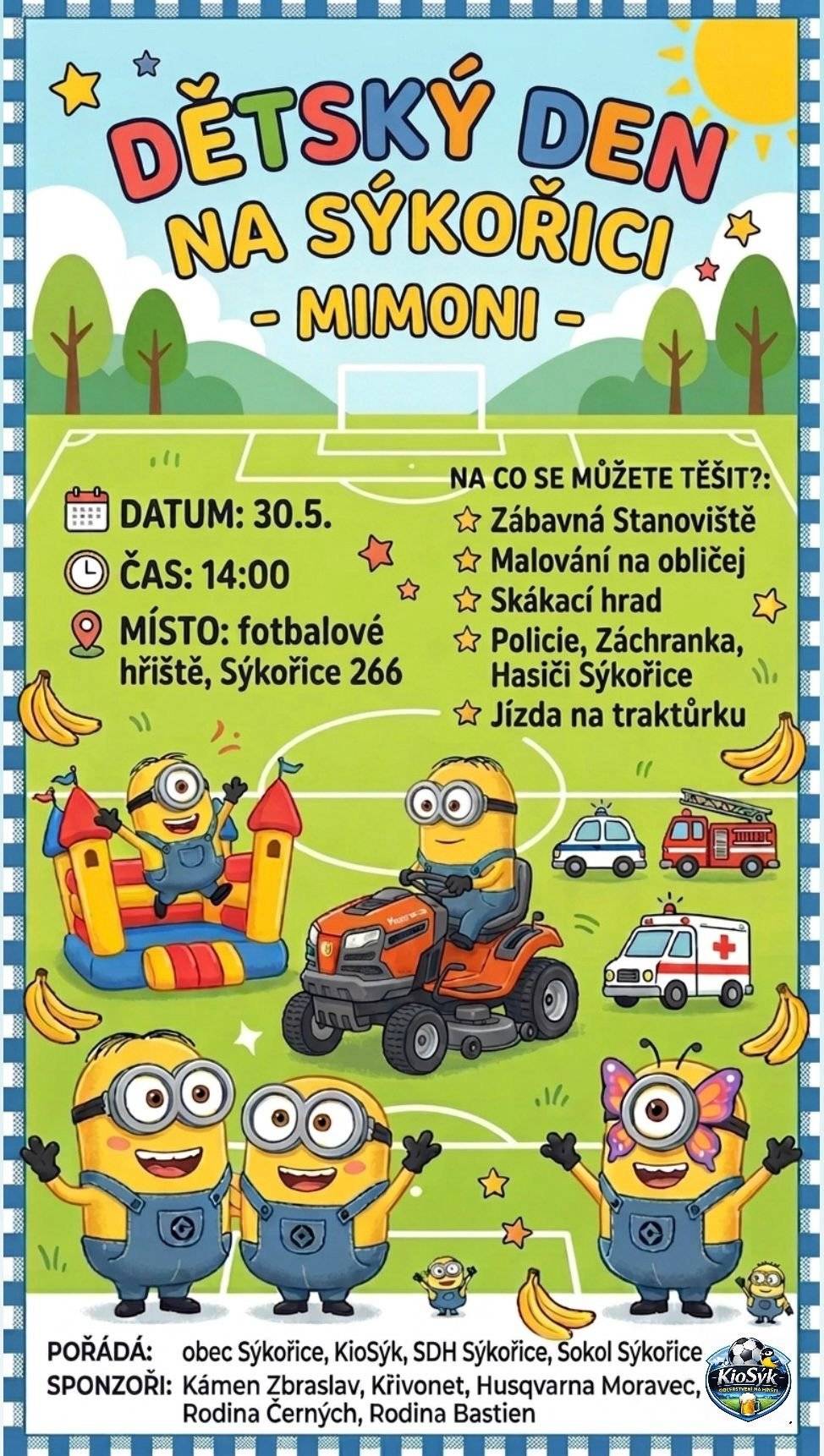 Obec Sýkořice Vás zve dne 30. 5. 2026 od 14 hodin na Dětský den na Sýkořici.