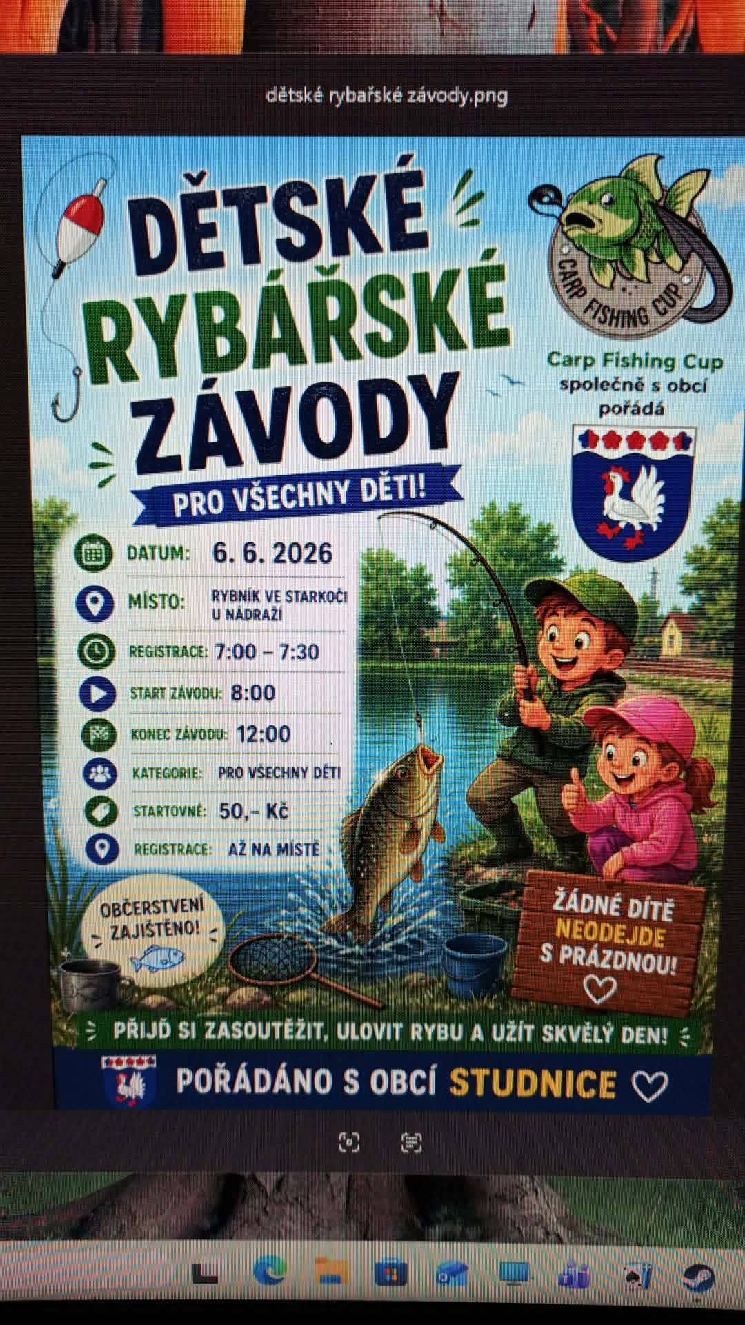 Děti, pojďte si zarybařit v sobotu 6.6.2026 od 7 hodin ve Starkoči u obecního rybníka.