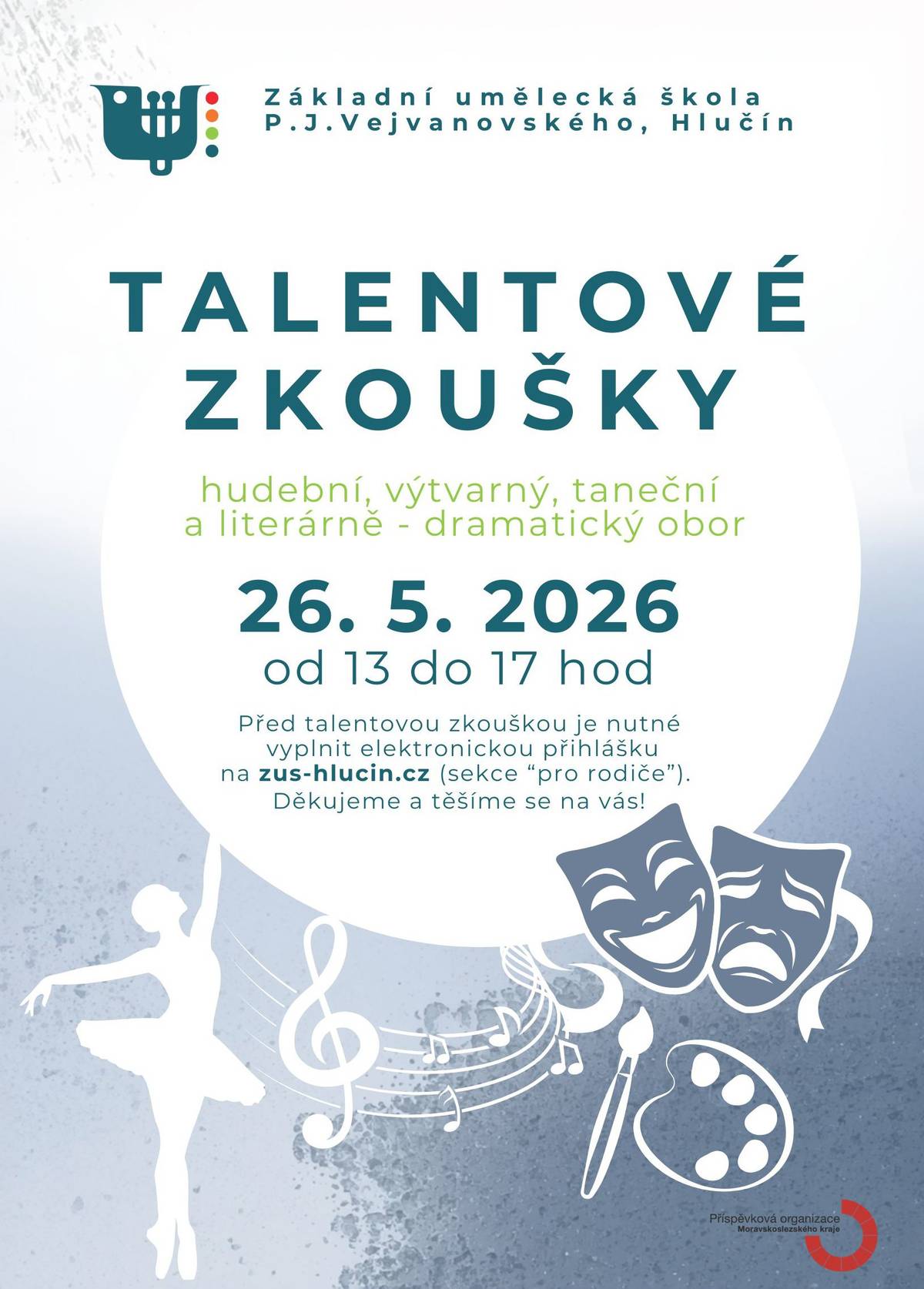 V úterý 26. května 2026 se v Hlučíně uskuteční talentové zkoušky pro zájemce o studium na Základní umělecké škole P. J. Vejvanovského. Zkoušky proběhnou v době od 13 do 17 hodin a jsou určeny pro všechny vyučované obory. Uchazeči ze všech odloučených pracovišť budou talentové zkoušky skládat výhradně v Hlučíně. Talentové zkoušky jsou určeny všem dětem a mladým lidem, kteří mají zájem rozvíjet svůj talent v některém z uměleckých oborů.🎻🎼 Podrobnější informace o průběhu zkoušek i o dalších aktivitách školy jsou k dispozici na webových stránkách a facebookovém profilu školy.  #ZUŠ #ZUŠHlučín #Hlučín #TalentovéZkoušky #Umění #Hudba #Tanec #VýtvarnýObor #LiterárněDramatickýObor #HudebníObor #MladéTalenty #Studium #Děti #Kultura #UměleckáŠkola #Talent #Kreativita 🎷💃