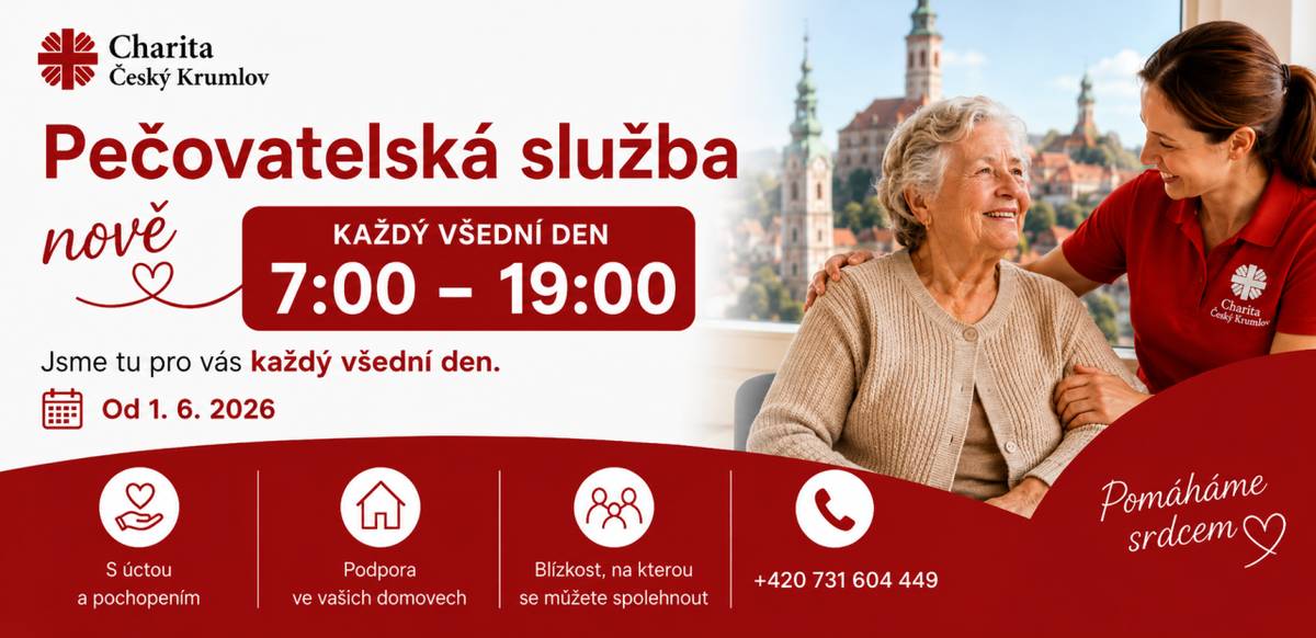 Pečovatelská služba je od 1. 6. 2026 nově k dispozici od pondělí do pátku v čase od 7.00 hodin do 19.00 hodin.