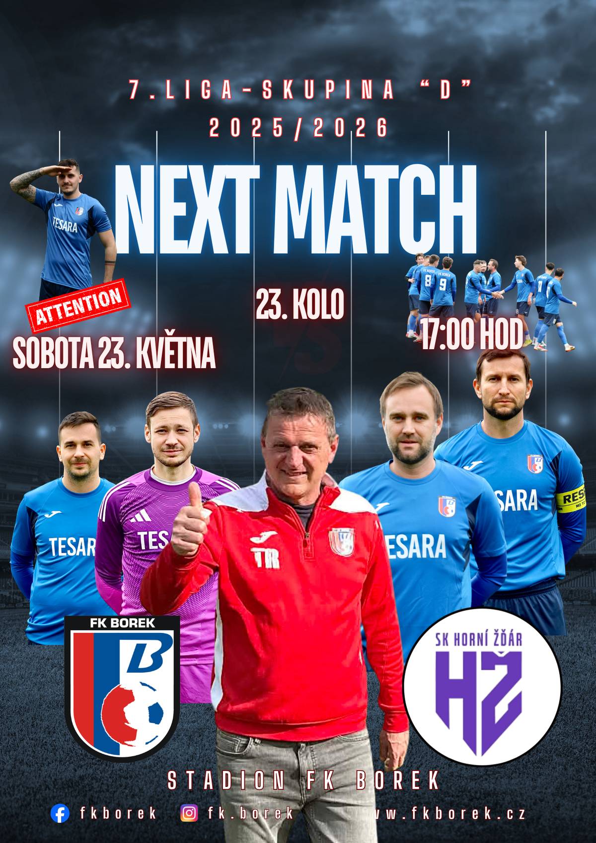 Dobrý den všem. Dovolte mi, abych Vás jménem FK Borek pozval na mistrovské fotbalové utkání mužů krajské soutěže 1.B třídy SK D, mezi FK Borek / SK HORNÍ ŽĎÁR, které se uskuteční v sobotu 23. května  2026 od 17:00 hodin na boreckém fotbalovém stadionu. Přijďte fandit. S přáním hezkého dne Jaroslav Novák - starosta obce Borek.