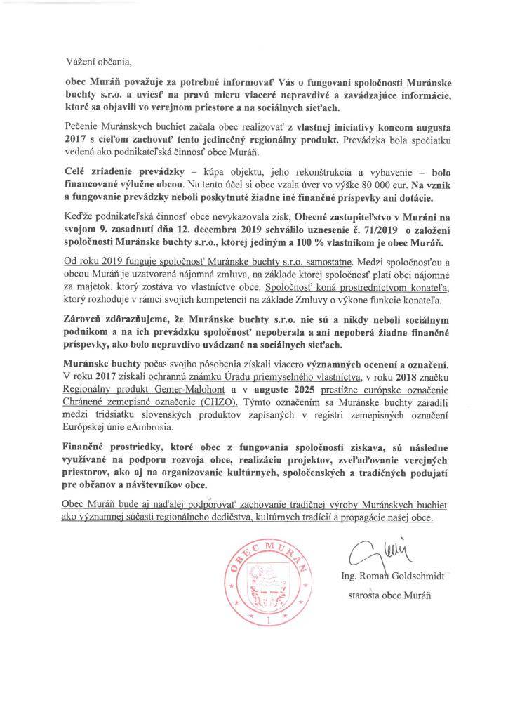 Informácia o fungovaní spoločnosti Muránske buchty s.r.o.