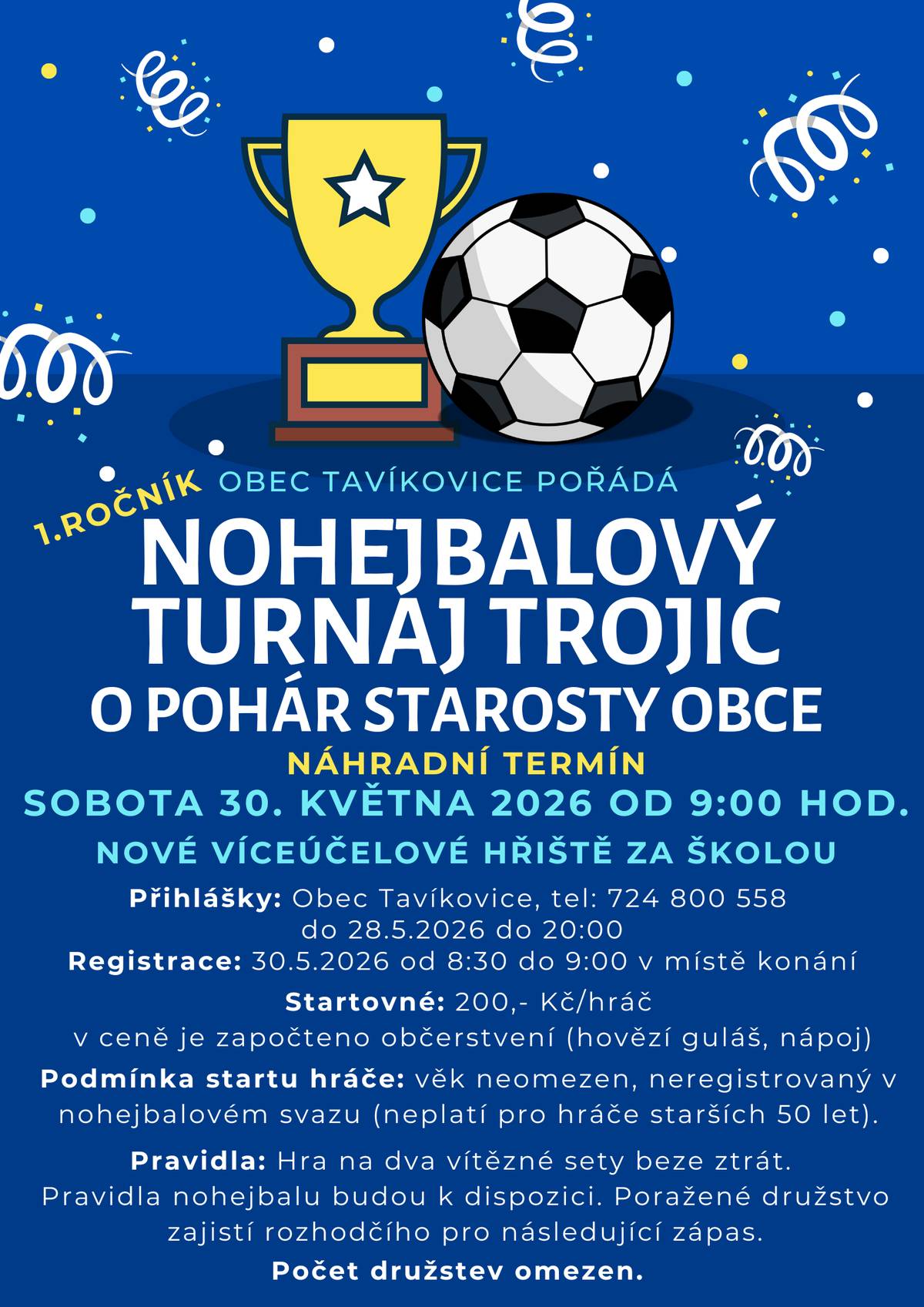 Z důvodu nepříznivého počasí se nohejbalový turnaj v Tavíkovicích posunul na 30.5.2026  Všichni jste srdečně zváni. Tentokrát počasí určitě vyjde. 😊