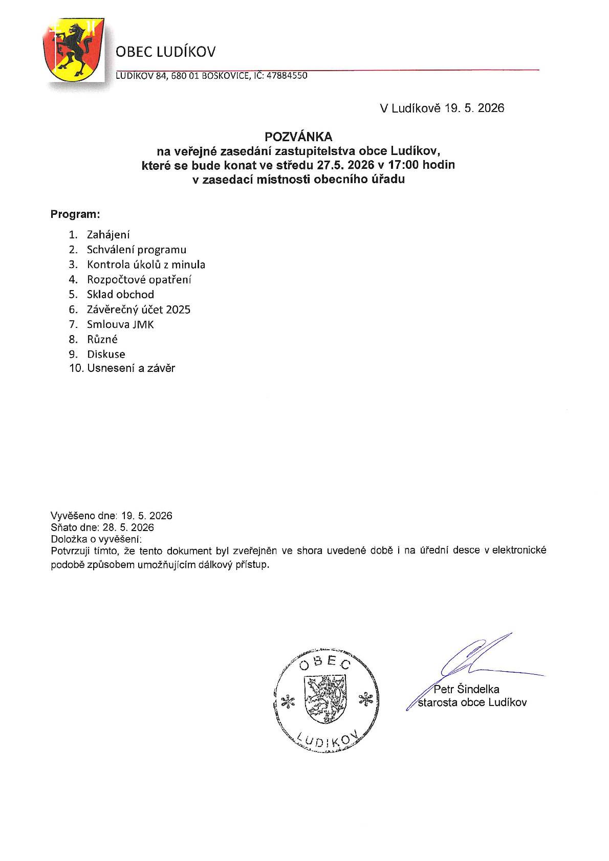Zveme Vás na veřejné zasedání zastupitelstva obce Ludíkov, které se bude konat ve středu 27.05.2026 v 17:00 h v zasedací místnosti Obecního úřadu Ludíkov.