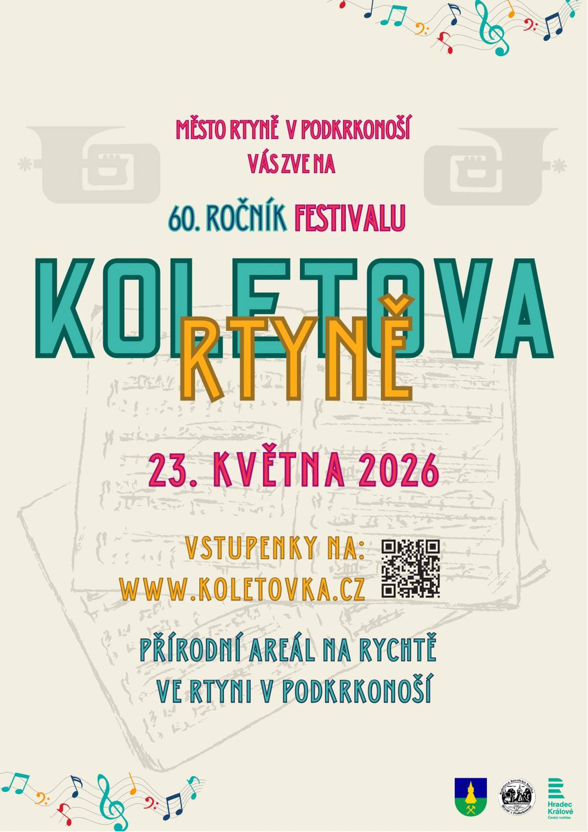 V roce 1960 uspořádala rtyňská Hornická hudba v provizorně upraveném přírodním divadle za rychtou společný koncert s Kmochovou hudbou z Kolína. Koncert měl velký úspěch, přišlo nevídaných 1 200 posluchačů a na oplátku pak zahrála tehdejší Hornická hudba na náměstí v Kolíně. Tyto koncerty položily základ k organizování rtyňského a kolínského hudebního festivalu. Dnes jsou to dvě nejvýznamnější přehlídky dechové hudby v Čechách - a ta rtyňská letos slaví šedesát let. Za tu dobu ve Rtyni vystoupily stovky orchestrů z celé republiky i ze zahraničí – od kolínské Kmochovy hudby přes chorvatský Bjelovar až po rakouský St. Johann in Tirol. Letošní jubilejní ročník se koná 23. května. Dopoledne začneme promenádními koncerty na náměstí Horníků, odpoledne se přesuneme do amfiteátru Na Rychtě – vystoupí Hudba Hradní stráže a Policie České republiky, Lašský dechový orchestr ze Štramberka a domácí Koletova hornická hudba. Následovat bude společný monstrkoncert. Tím ale festival rozhodně nekončí - večer na pódium nastoupí show-dechová kapela Lazy Brass a netradiční big band Factorial!, které festivalu dodají nový rozměr. Pro rodiny s dětmi je připravený doprovodný program zdarma. O jídlo a pití se postarají místní i regionální stánky – od klasického občerstvení po čajovnu a víno z rodinného vinařství. Vstupenky na celý den včetně večera stojí v předprodeji 120 Kč, na místě 150 Kč. Děti do 15 let jsou zdarma. Kompletní program i vstupenky naleznete na www.koletovka.cz.