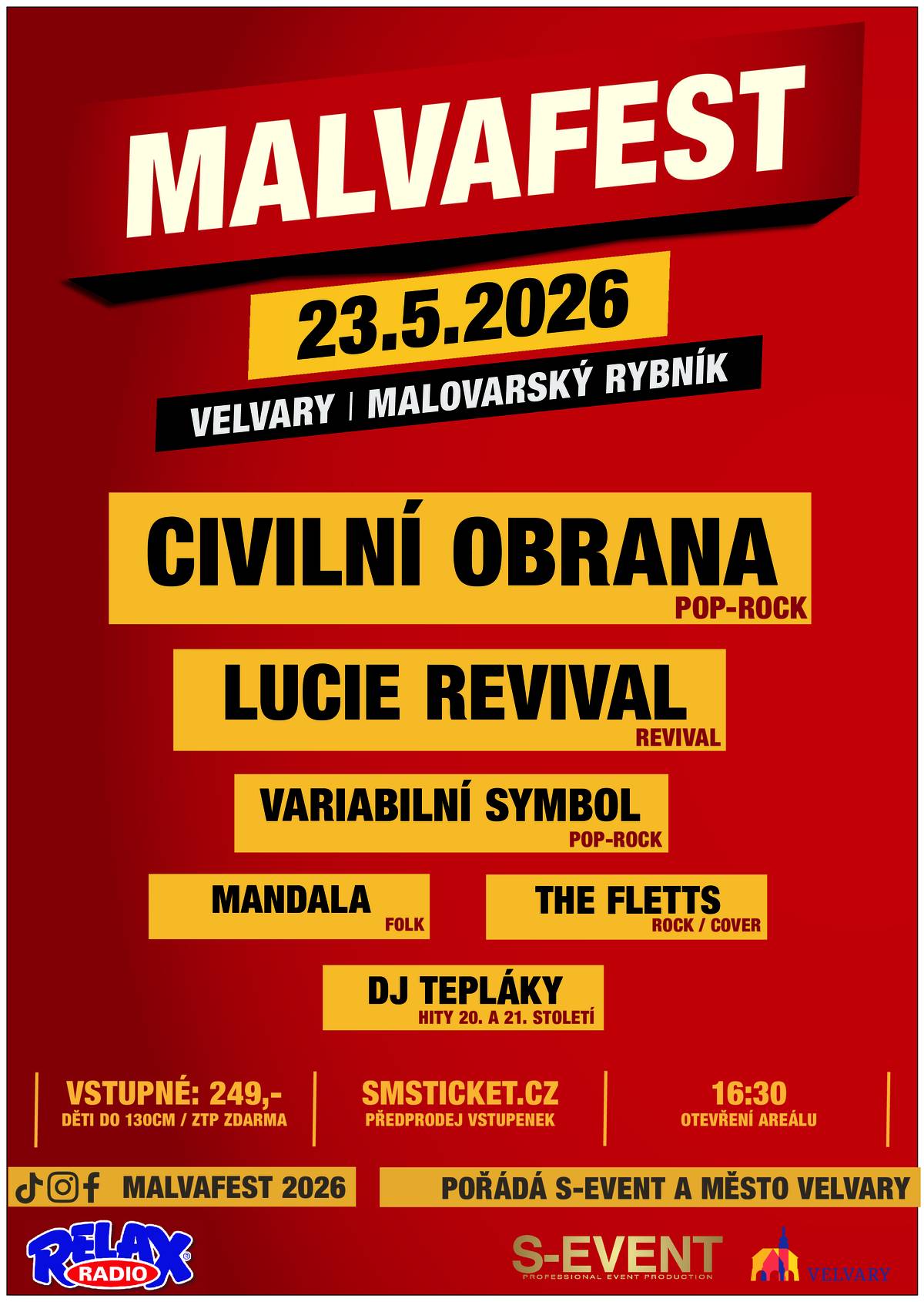 V sobotu 23.5. vás zveme na MALVAFEST - multižánrový hudební festival v areálu Malovarského rybníka. Vstupné: 249,- Kč. Vstup do areálu v 16:30 hod.  Těšíme se!
