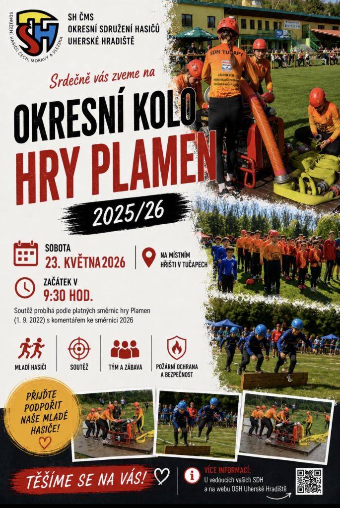 Sbor dobrovolných hasičů Tučapy vás srdečně zve v sobotu 23. května 2026 na Okresní kolo hry Plamen, které se uskuteční od 9:30 hodin na místním hřišti v Tučapech.     Přijďte podpořit mladé hasiče z celého okresu a užít si den plný sportovních výkonů.
