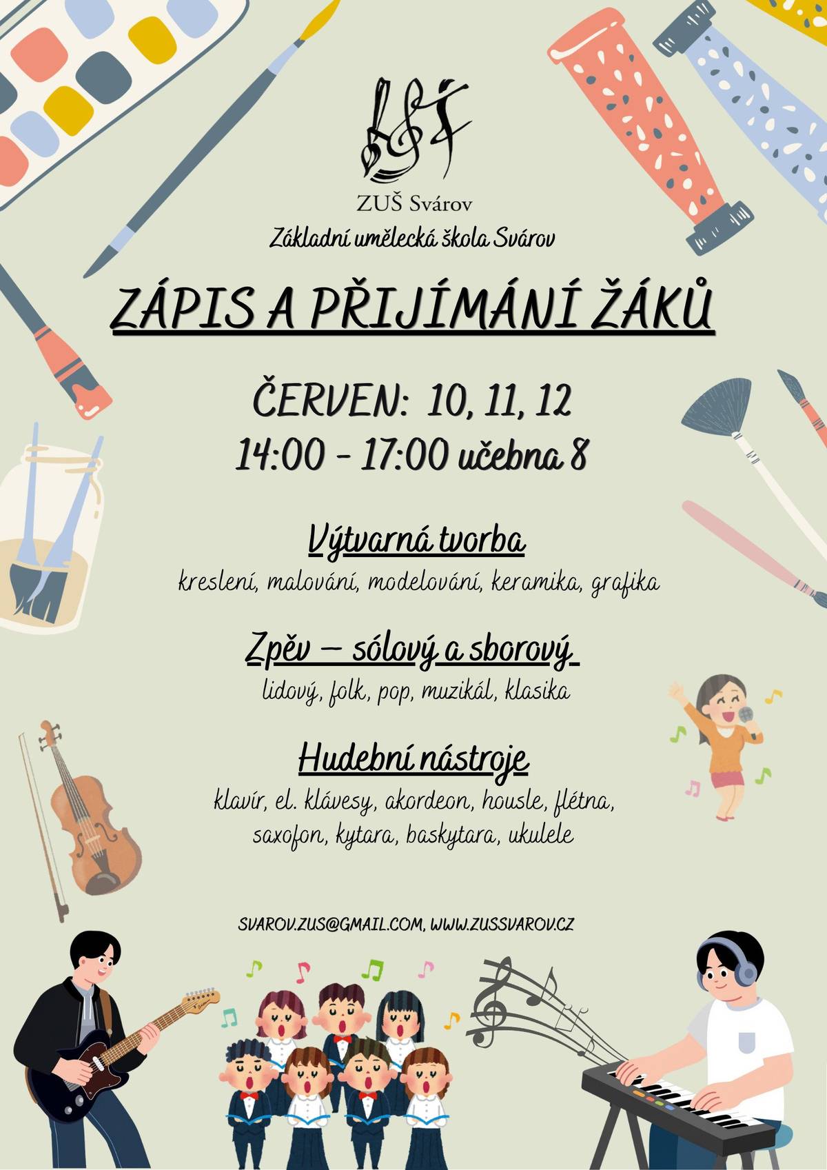 Základní umělecká škola Svárov pořádá ve dnech 10.06.-12.06.2026 zápis. Více na přiloženém letáku nebo na www.zussvarov.cz, příp. na e-mailové adrese: svarov.zus@gmail.com. Hezký den 😉