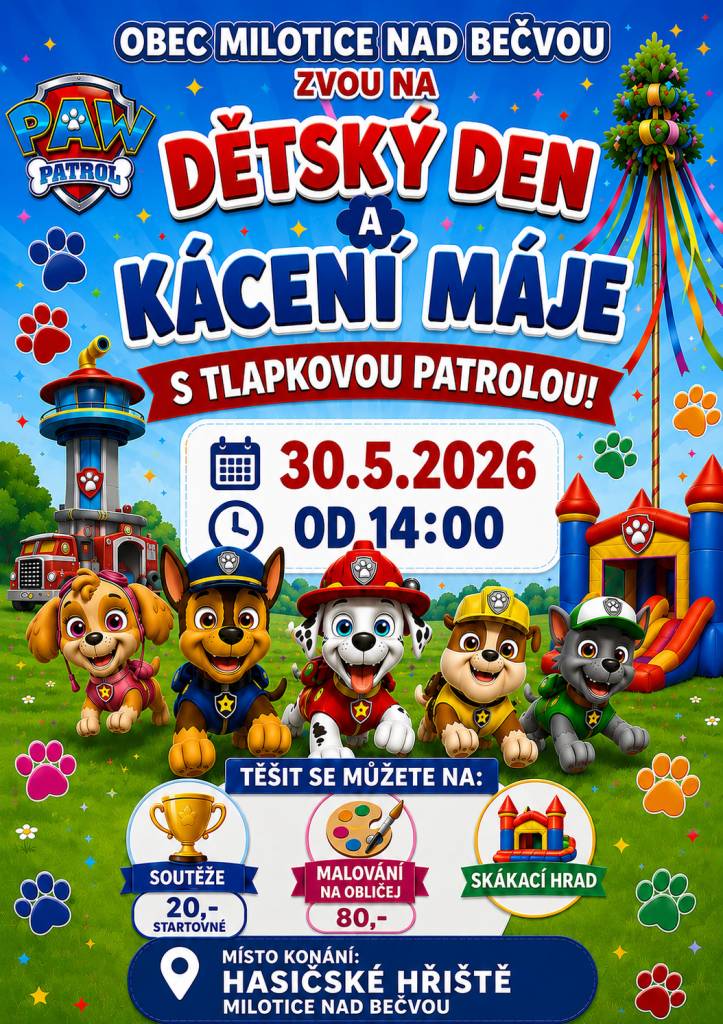 Zveme všechny děti a občany na Dětský den a Kácení májky, která se bude konat na hasičského hřišti v sobotu 30.5.2026 od 14,00 hod. Připraveny soutěže, skákací hrad, občerstení. Přijďte se pobavit a podpořit místní akci, která slibuje zajímavý program a příjemnou atmosféru.