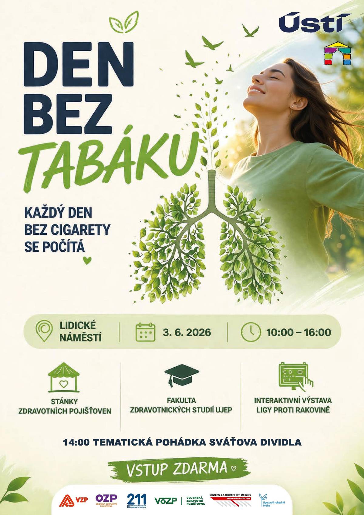 Chtěli byste přestat kouřit, ale nevíte, jak na to? Přijďte se inspirovat na Den bez tabáku, který se uskuteční ve středu 3. 6. 2026 od 10:00 do 16:00 na Lidickém náměstí v Ústí nad Labem. Čeká Vás den plný zajímavostí, inspirace i praktických tipů, které Vám mohou pomoci začít jinak. Na místě najdete stánky zdravotních pojišťoven zaměřené na prevenci a zdraví, Fakultu zdravotnických studií UJEP i interaktivní výstavu Ligy proti rakovině se soutěžemi pro děti. Dozvíte se, kde hledat podporu a jak udělat první krok ke změně. Program zpestří také tematická pohádka Sváťova divadla od 14:00, která potěší především malé návštěvníky. Součástí akce bude i vyhodnocení výtvarné soutěže mateřských a základních škol, takže se můžete těšit na originální pohledy dětí na téma zdraví a života bez kouře. Ať už přemýšlíte o změně, nebo jen půjdete kolem, zastavte se. Možná právě tady začne malý krok, který může vést k velké změně. Vstup je zdarma.