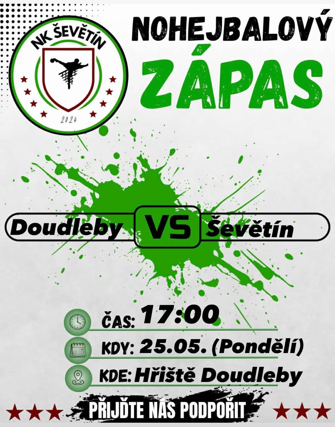 Nohejbalový klub Ševětín zve své fanoušky k podpoře a fandění na zápas DOUDLEBY x ŠEVĚTÍN v pondělí 25. května od 17:00 hodin.