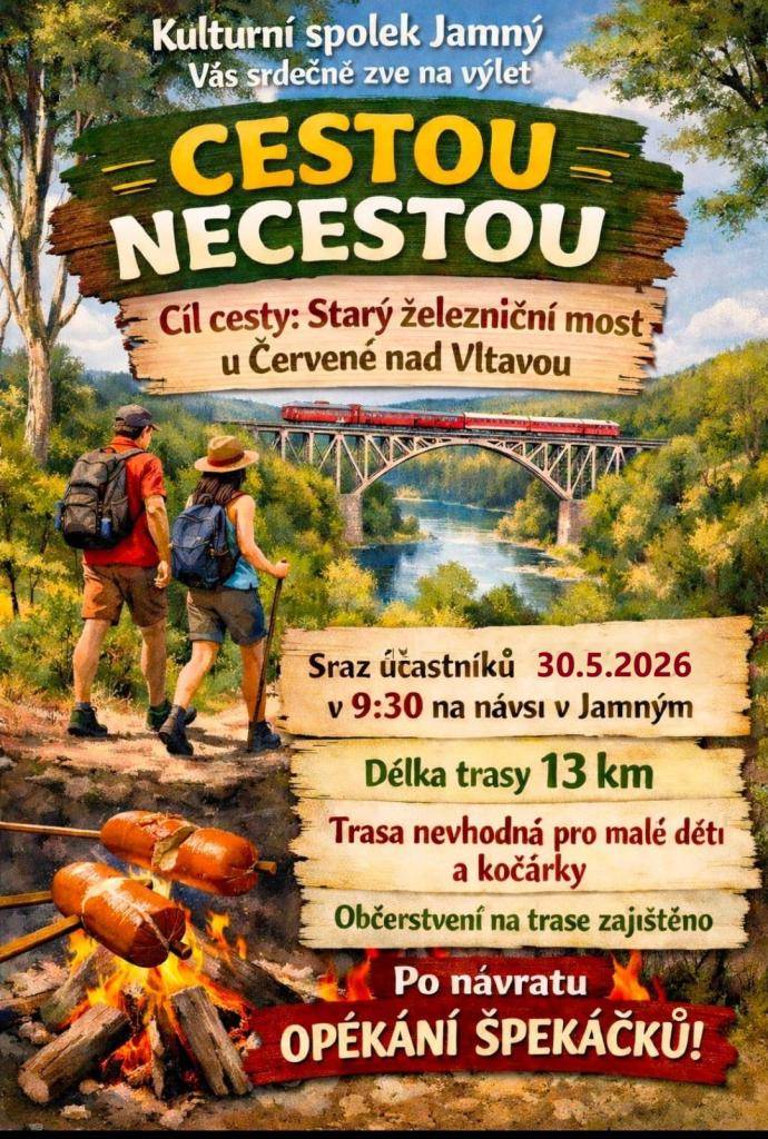 Navštivte starý železniční most u Červené nad Vltavou a užijte si krásnou přírodu. Trasa je náročnější a není vhodná pro malé děti a kočárky, ale nabízí občerstvení pro všechny účastníky. Těšíme se na společné chvíle a po návratu na opékání špekáčků.