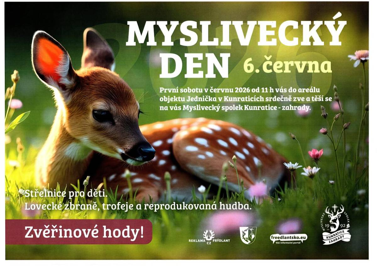 Sobota 6. 6. 2026 od 11 hodin - zvěřinové hody, střelnice pro děti, lovecké zbraně a trofeje, hudba