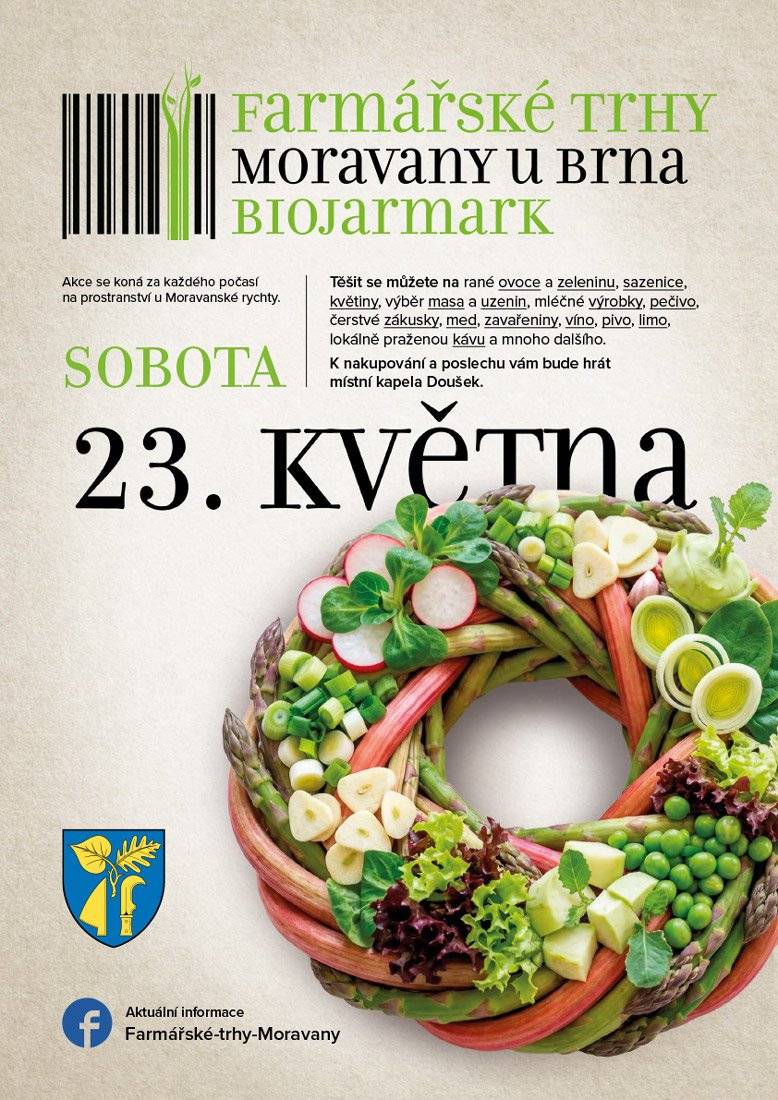 V sobotu 23.5.2026 se konají za každého počasí na prostranství u Moravanské rychty FARMÁŘSKÉ trhy, biojarmark.