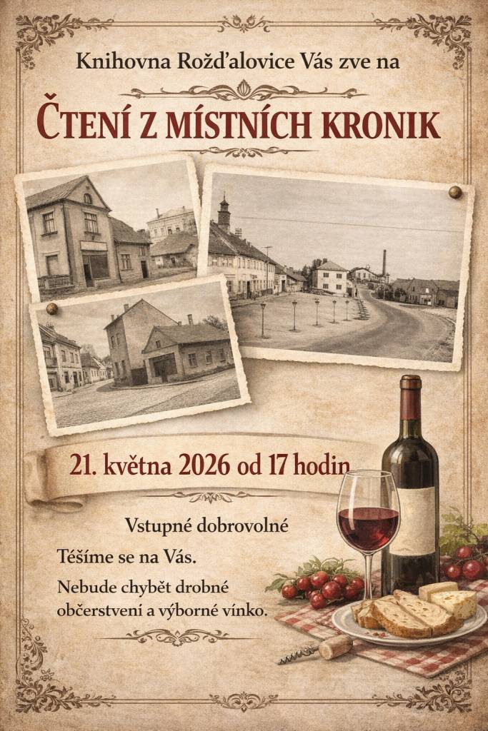 Ve čtvrtek 21. 5. 2026 se od 17 hodin uskuteční v knihovně další čtení z místních kronik. Vstupné je dobrovolné. Těšíme se na Vás.