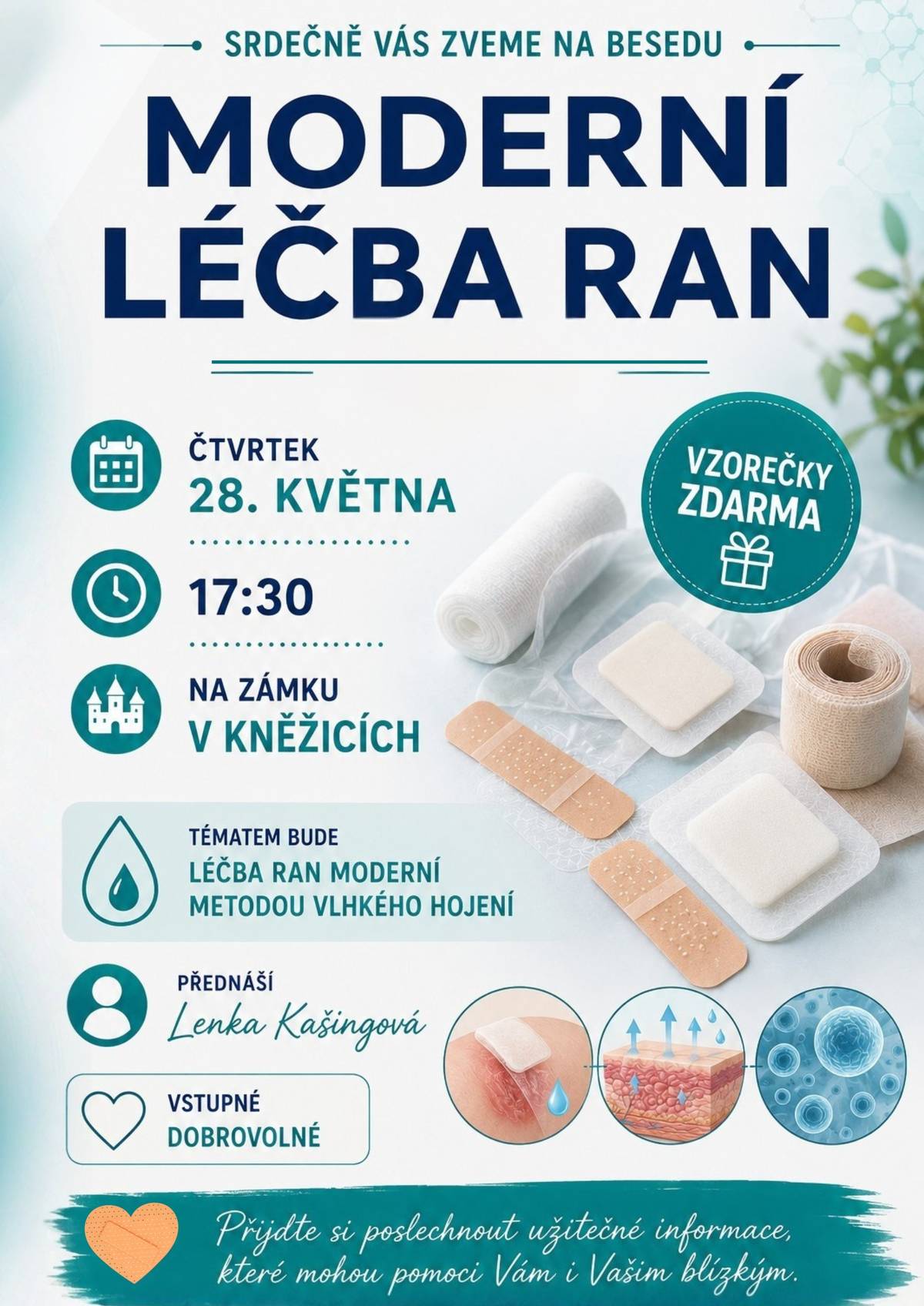 Obec Kněžice srdečně zve ve čtvrtek 28. května v 17:30 hod do zámku v Kněžicích na besedu Moderní léčba ran s paní Lenkou Kašingovou.  Tématem bude léčba ran moderní metodou vlhkého hojení.  Každý si může odnést vzorečky zdarma.  Přijďte si poslechnout užitečné informace, které mohou pomoci Vám i Vašim blízkým.  Vstupné dobrovolné.