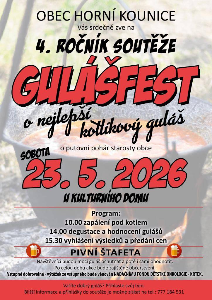 Srdečně vás zveme na 4. ročník soutěže o putovní pohár starosty obce Horní Kounice, který se uskuteční v sobotu. Program začne v 10:00 zapálením pod kotlem, poté od 14:00 proběhne degustace a hodnocení gulášů. V 15:30 se uskuteční vyhlášení výsledků a předání cen. Návštěvníci si budou moci ochutnat
