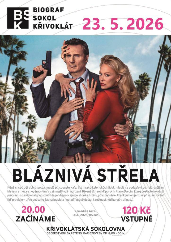 Pozvánka do kina v Křivoklátě na film "Bláznivá střela". Sobota 23. května 2026 od 20.00h.