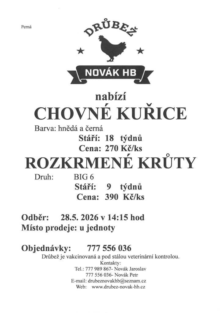 Drůbež Novák HB - drůbežárna Mírovka bude 28.5.2026 prodávat chovné kuřice a rozkrmené krůty.