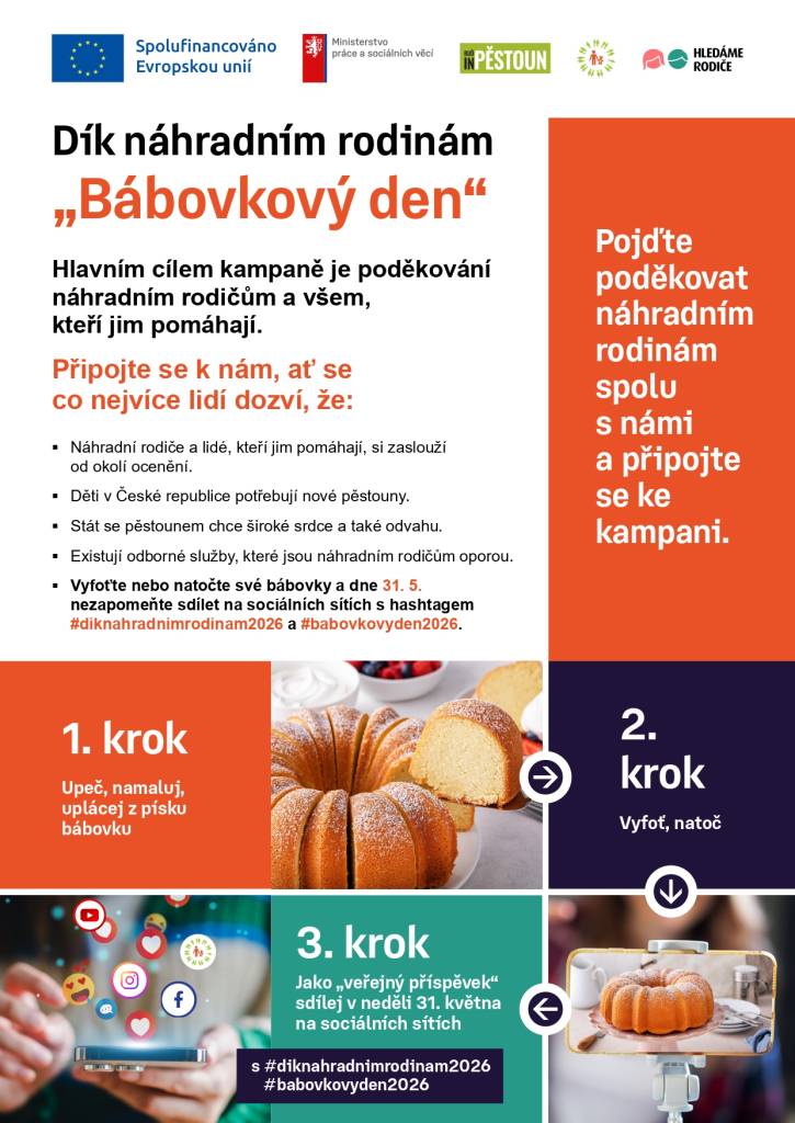 Srdečně zveme k zapojení do kampaně Bábovkový den na podporu a poděkování náhradním rodinám. Upečte, namalujte nebo třeba vytvořte bábovku z písku, vyfoťte ji či natočte a v neděli 31. května sdílejte na sociálních sítích s hashtagy #diknahradnimrodinam2026 a #babovkovyden2026. Cílem kampaně je poděkovat náhradním rodičům a vš...