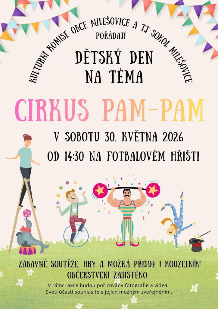 Kulturní komise obce Milešovice a TJ Sokol Milešovice vás zvou na dětský den v sobotu 30. května 2026 od 14.30 hod. na fotbalovém hřišti.
