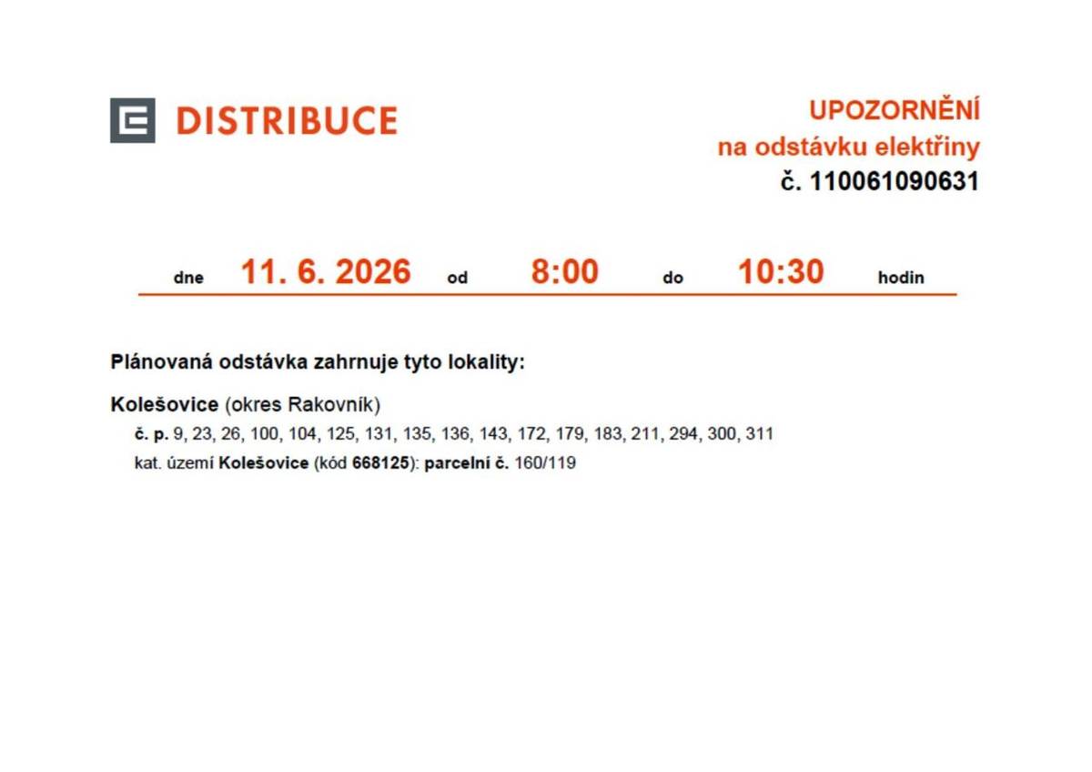 Plánovaná odstávka elektřiny se uskuteční dne 11. června 2026 od 8:00 do 10:30 hodin v obci Kolešovice, okres Rakovník.
